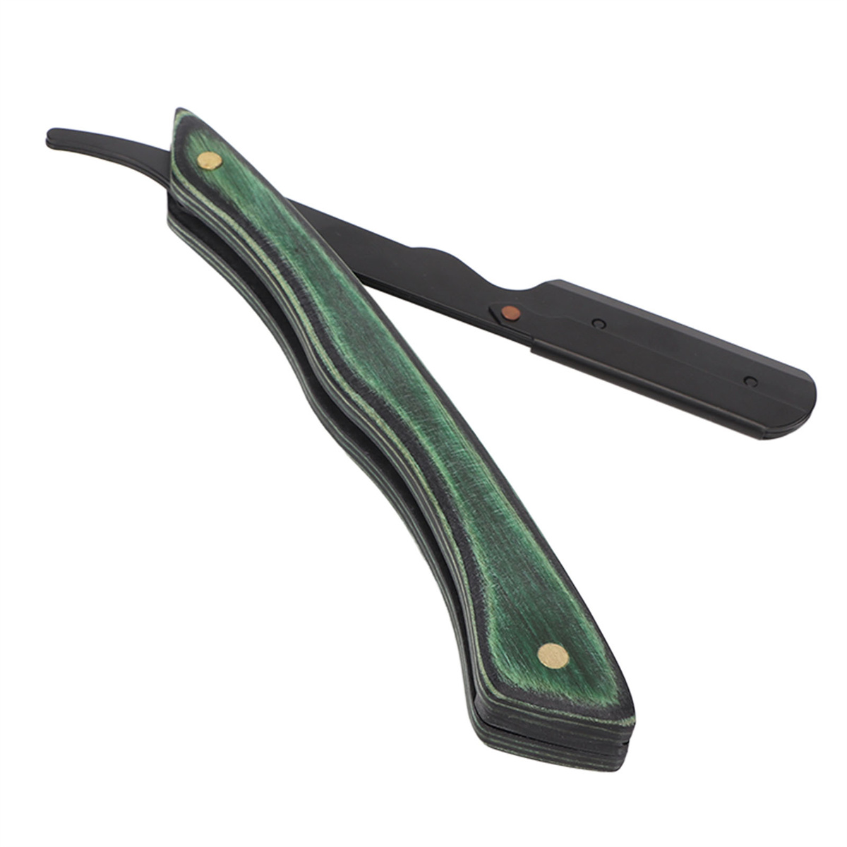 Ein Rasiermesser mit grünem Holzgriff und schwarzer Klinge, geöffnet, auf weißer Oberfläche.