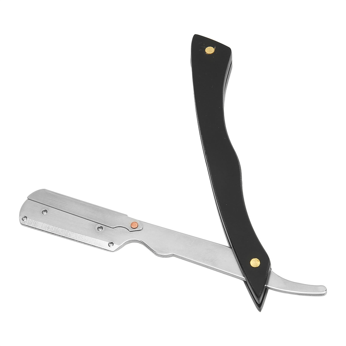 Offenes Rasiermesser auf weißer Oberfläche, schwarzer Griff und silberne Klinge.