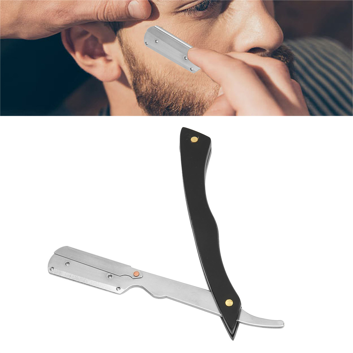 Ein Friseur rasiert den Bart eines Mannes mit einem Rasiermesser. Das Rasiermesser ist schwarz und silber.