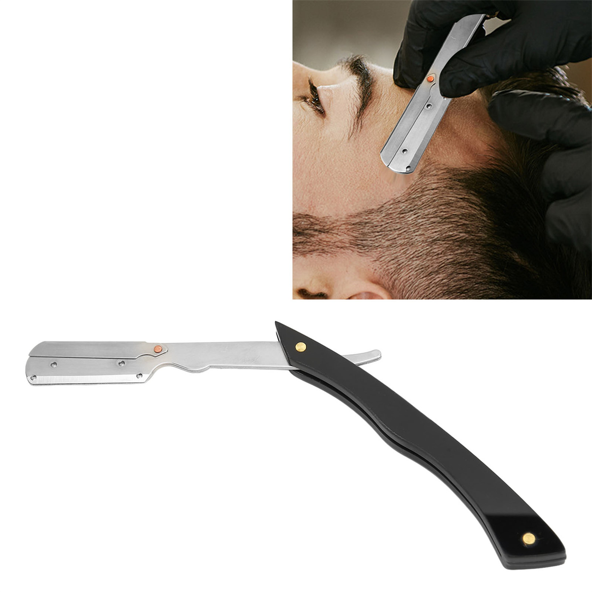 Mann rasiert sich mit einem Rasiermesser. Rasiermesser ist im Vordergrund geöffnet.