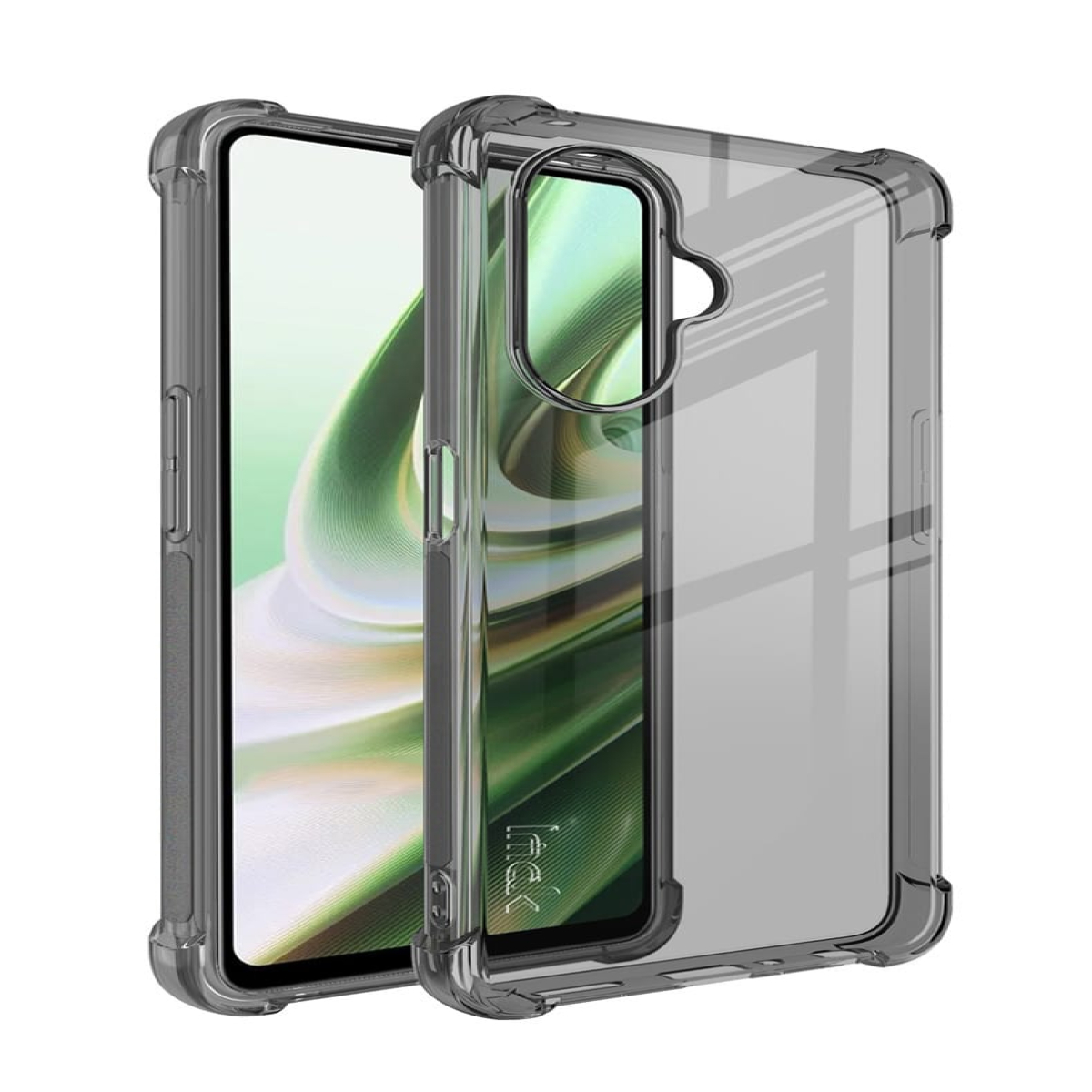 Transparente Handyhülle auf einem Telefon mit grünem Hintergrund, isoliert auf Weiß.