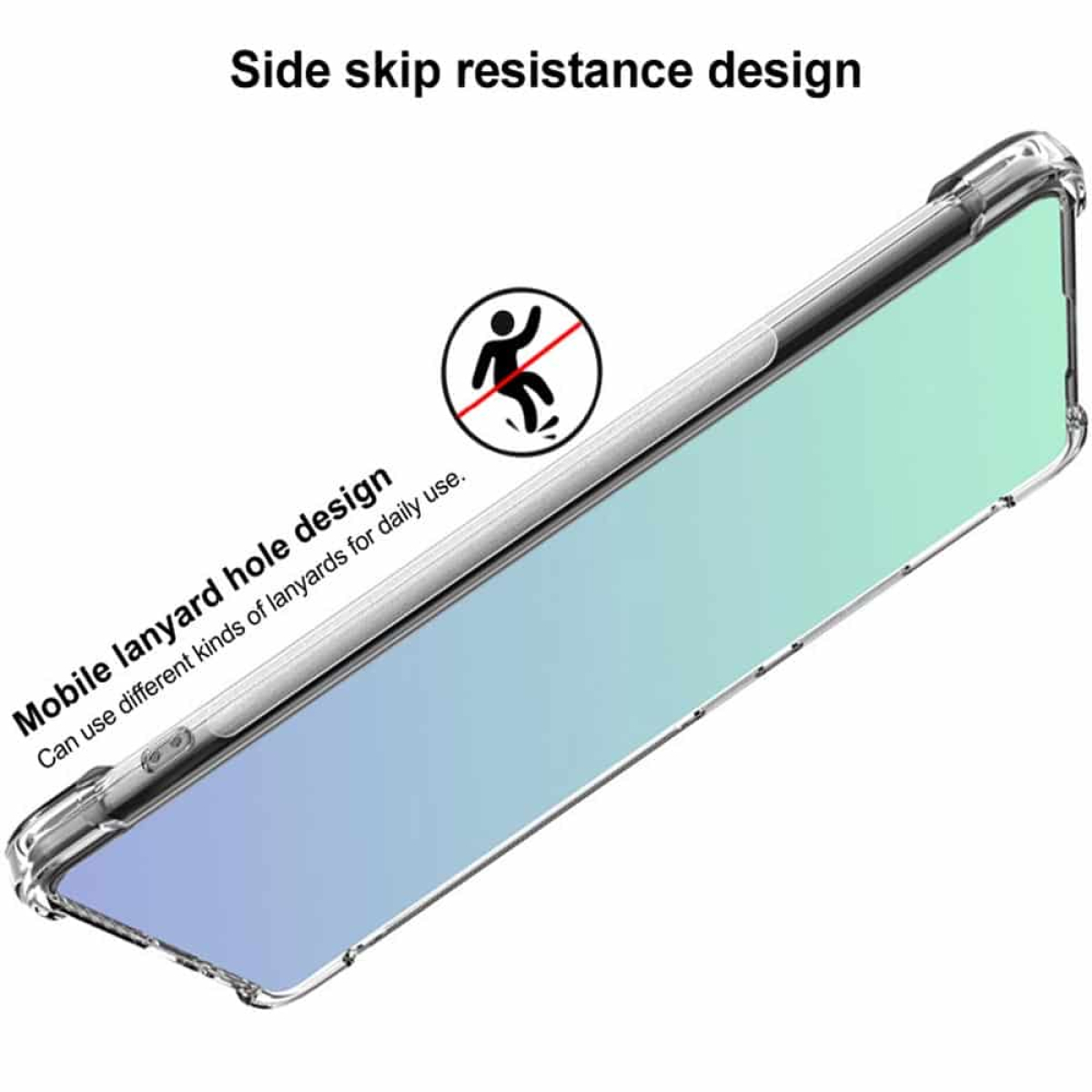 Handyhülle mit blau-grünem Farbverlauf. Text: 'Seitliches Rutschfestigkeitsdesign' und 'Mobile Lanyard-Loch-Design'.