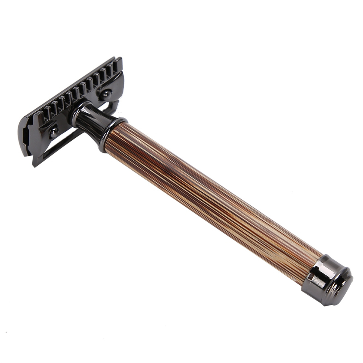 Ein Rasierer mit Holzgriff und schwarzem Kopf.