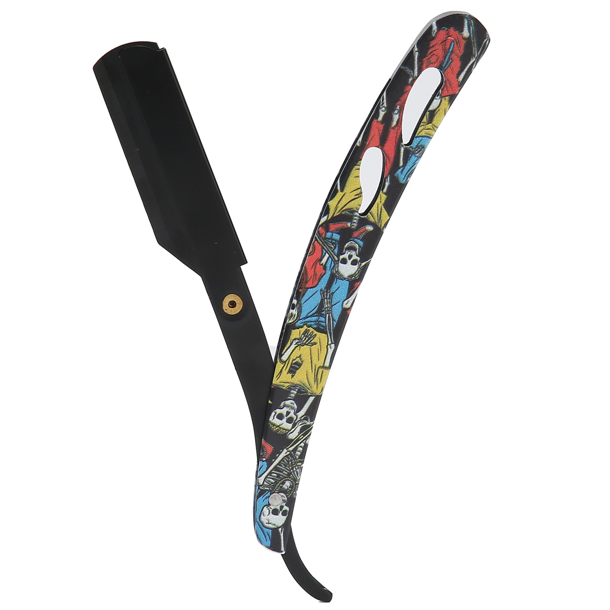 Schwarzes Rasiermesser mit buntem Totenkopf-Design am Griff.
