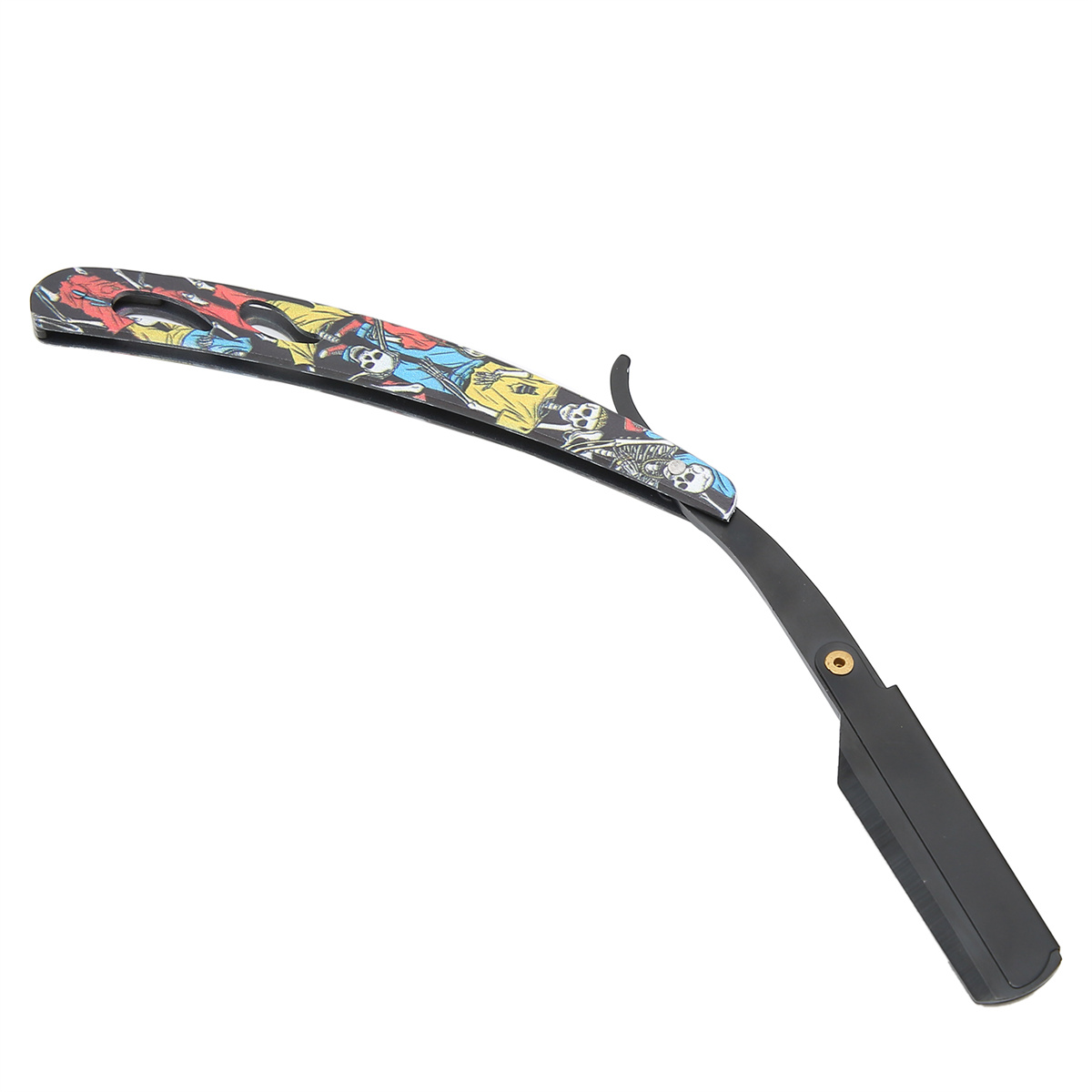 Ein schwarzes Rasiermesser mit buntem Griff im Totenkopf-Design.