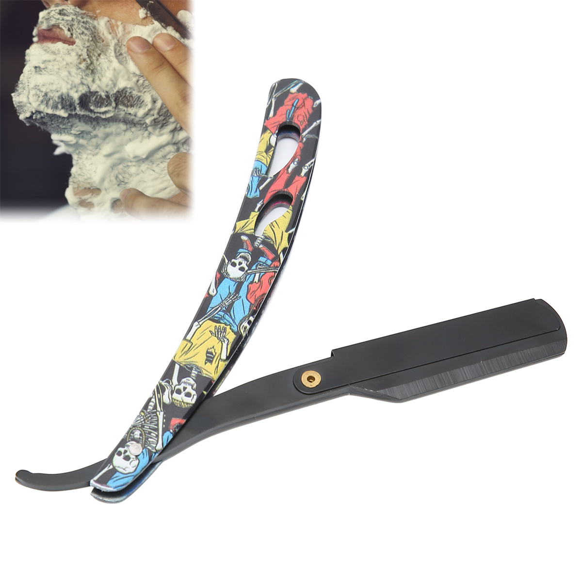 Ein gemustertes Rasiermesser neben einer Rasurszene.
