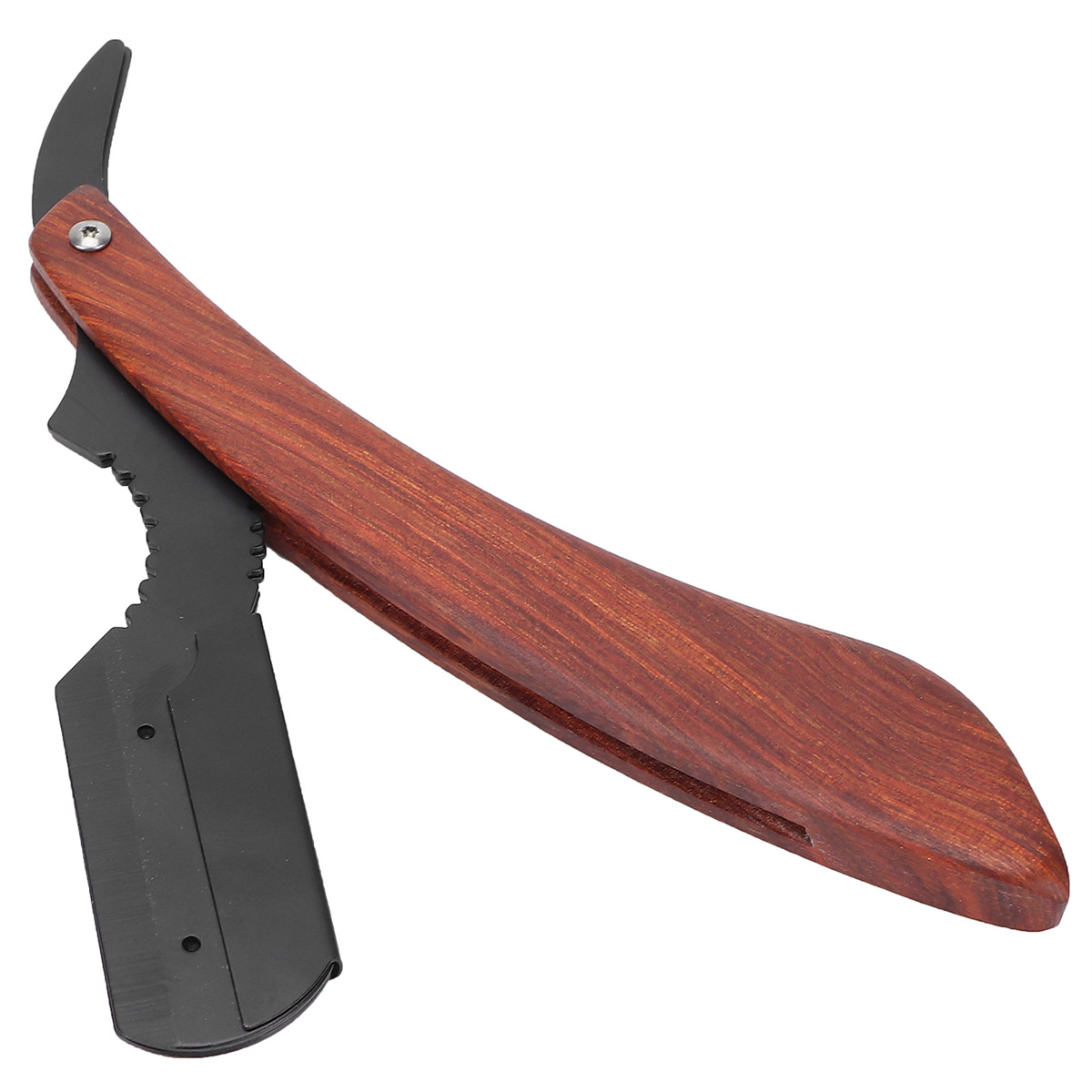 Schwarz-braunes Rasiermesser, geöffnet, Klinge freigelegt.