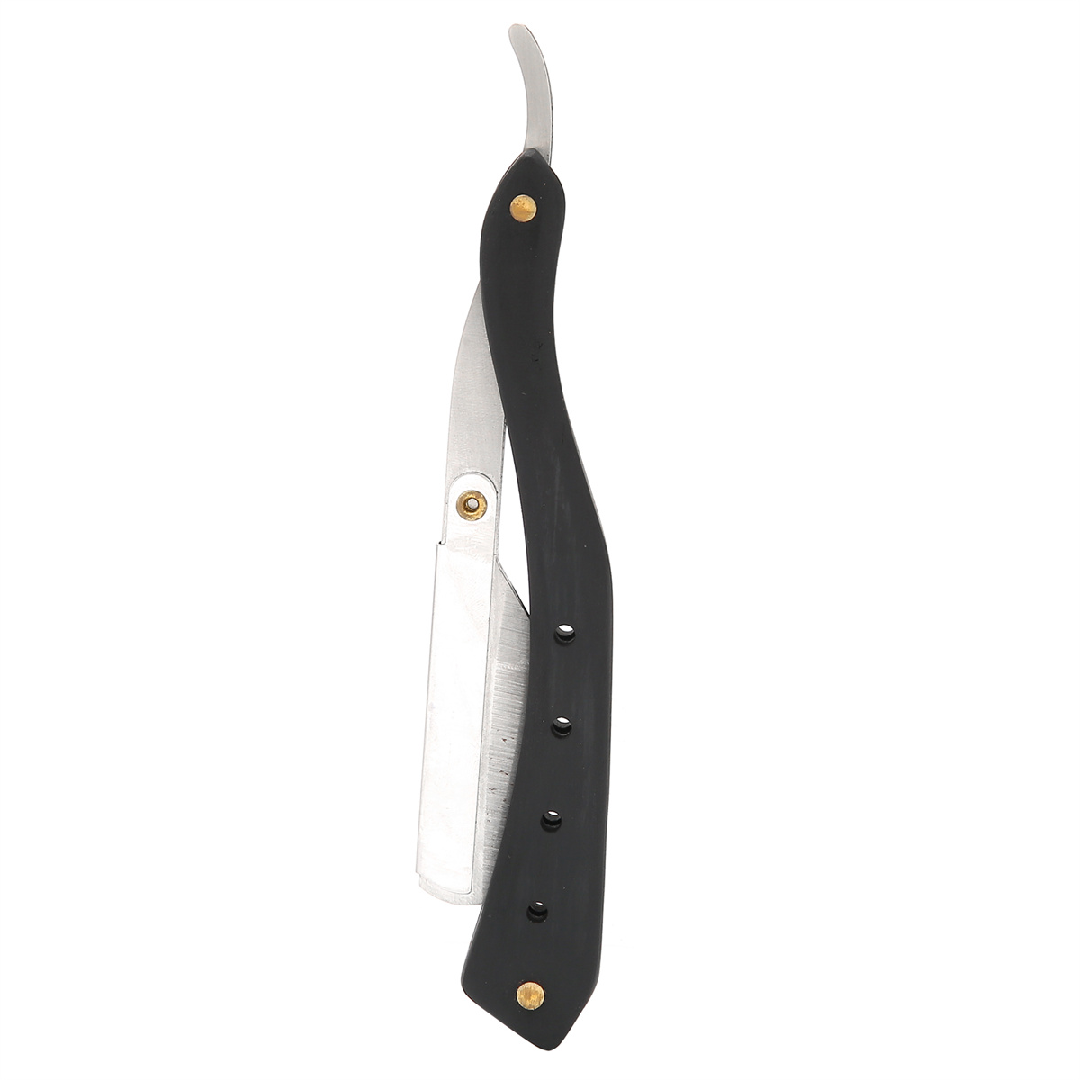 Ein schwarzes und silbernes Rasiermesser mit gebogener Klinge liegt vor weißem Hintergrund.