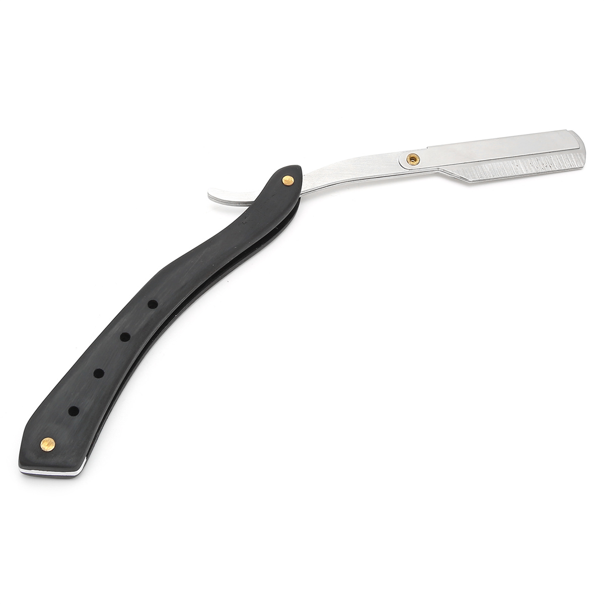 Ein Rasiermesser mit schwarzem Griff und silberner Klinge, offen. Die Klinge ist scharf.