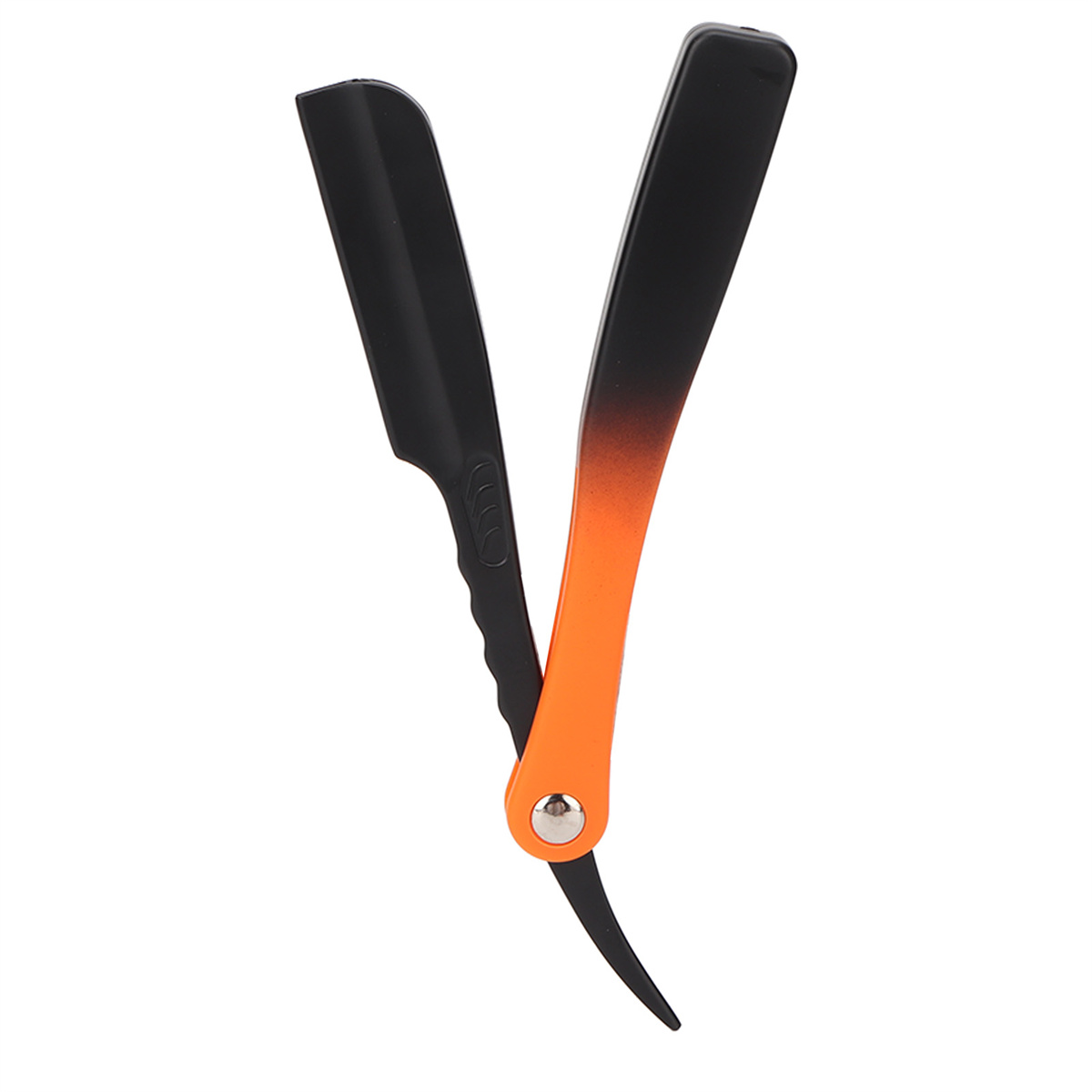 Offener Rasiermesser mit schwarz-orangefarbenem Griff, Klinge offen. Weißer Hintergrund.