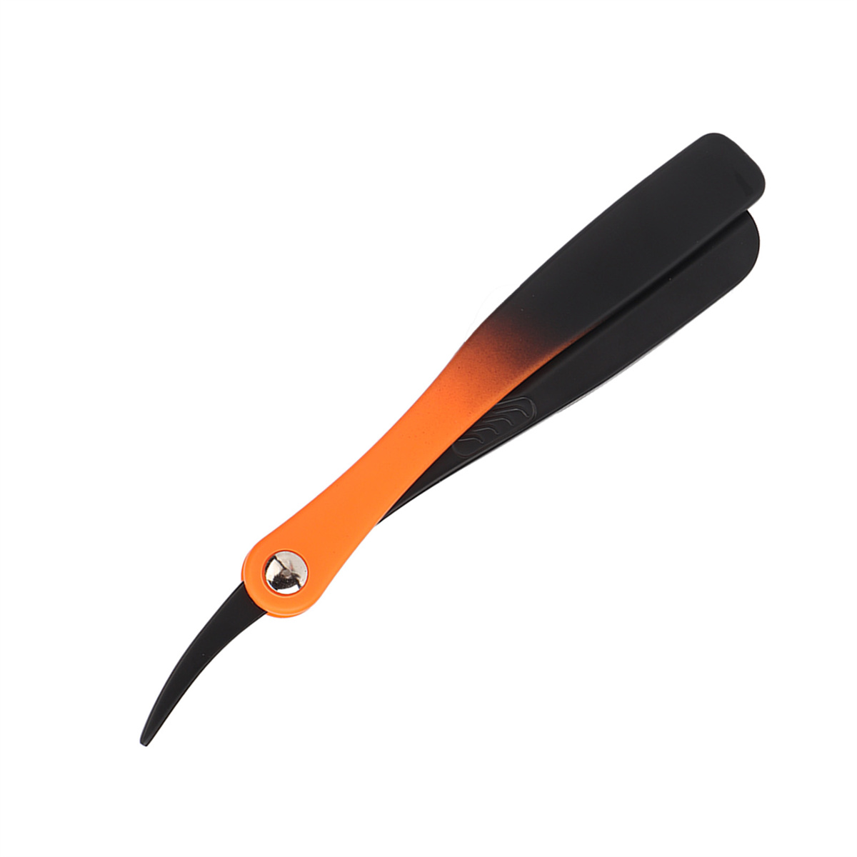 Schwarzes und oranges Rasiermesser auf Weiß. Der Griff ist orange, die Klinge silber.