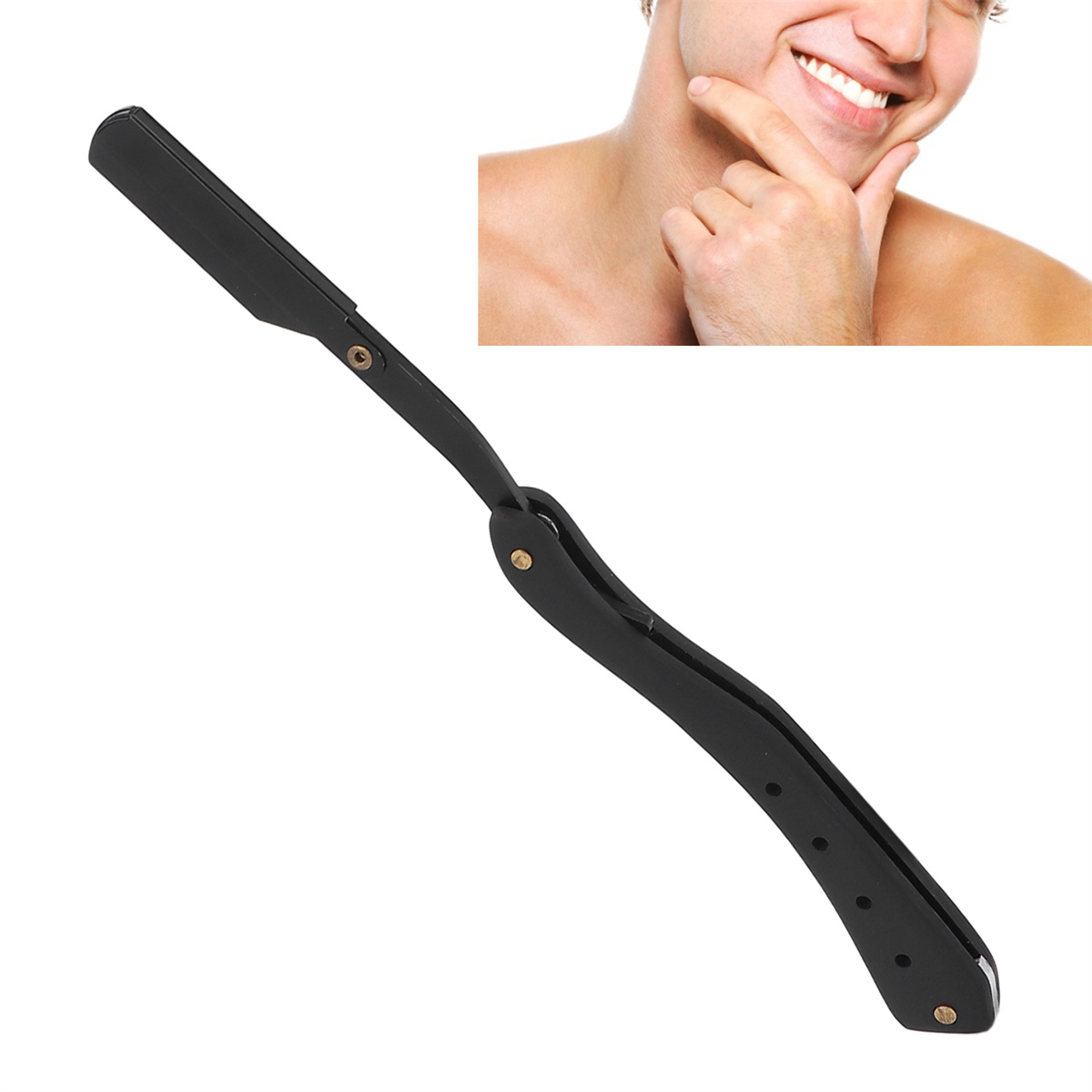 Ein schwarzes Rasiermesser ist geöffnet, und ein Mann berührt seine Wange und lächelt.