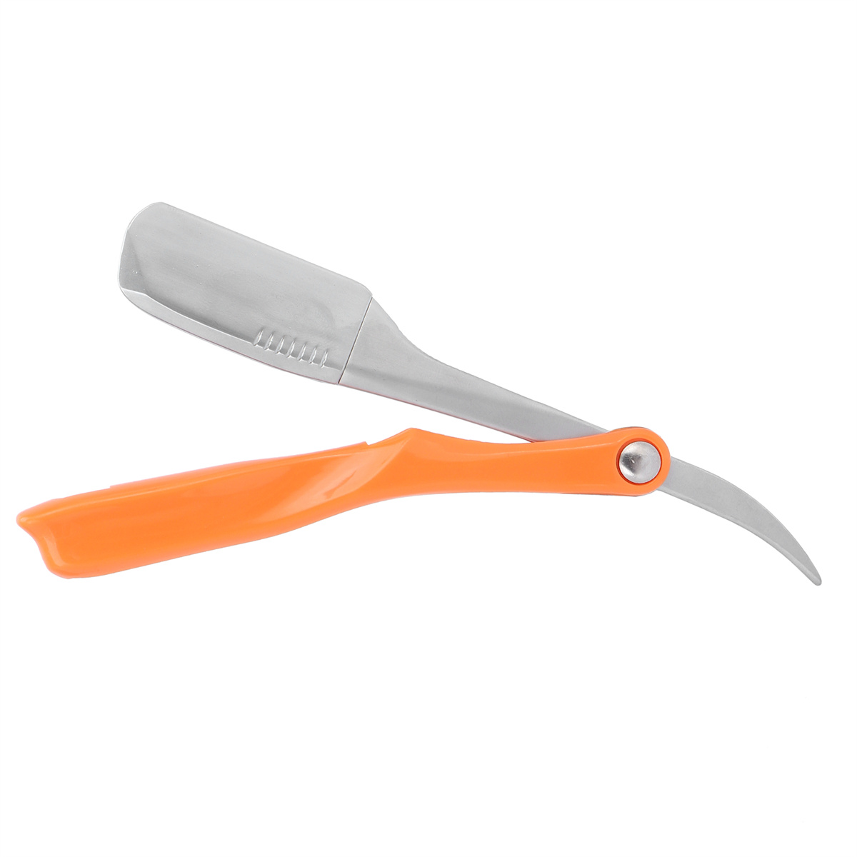Ein offenes Rasiermesser mit orangefarbenem Griff und silberner Klinge. Die Klinge ist offen.