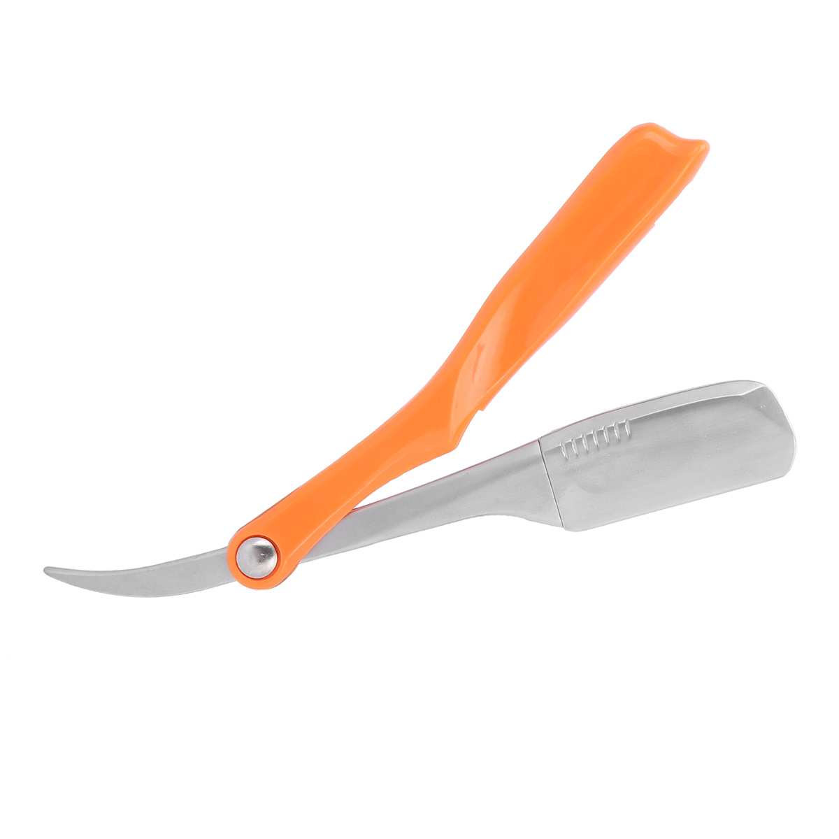Orangenes und silbernes Rasiermesser, geöffnet und einsatzbereit, isoliert auf weißem Hintergrund.