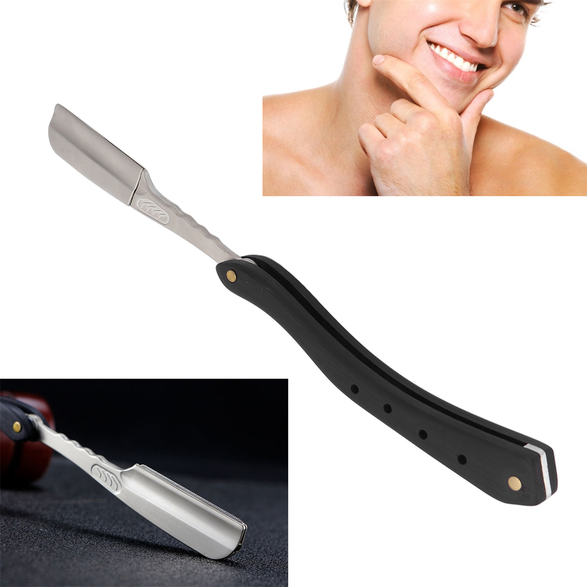 Gerader Rasierer, mit dem Gesicht und der Hand eines Mannes im Hintergrund und einer Nahaufnahme der Klinge.