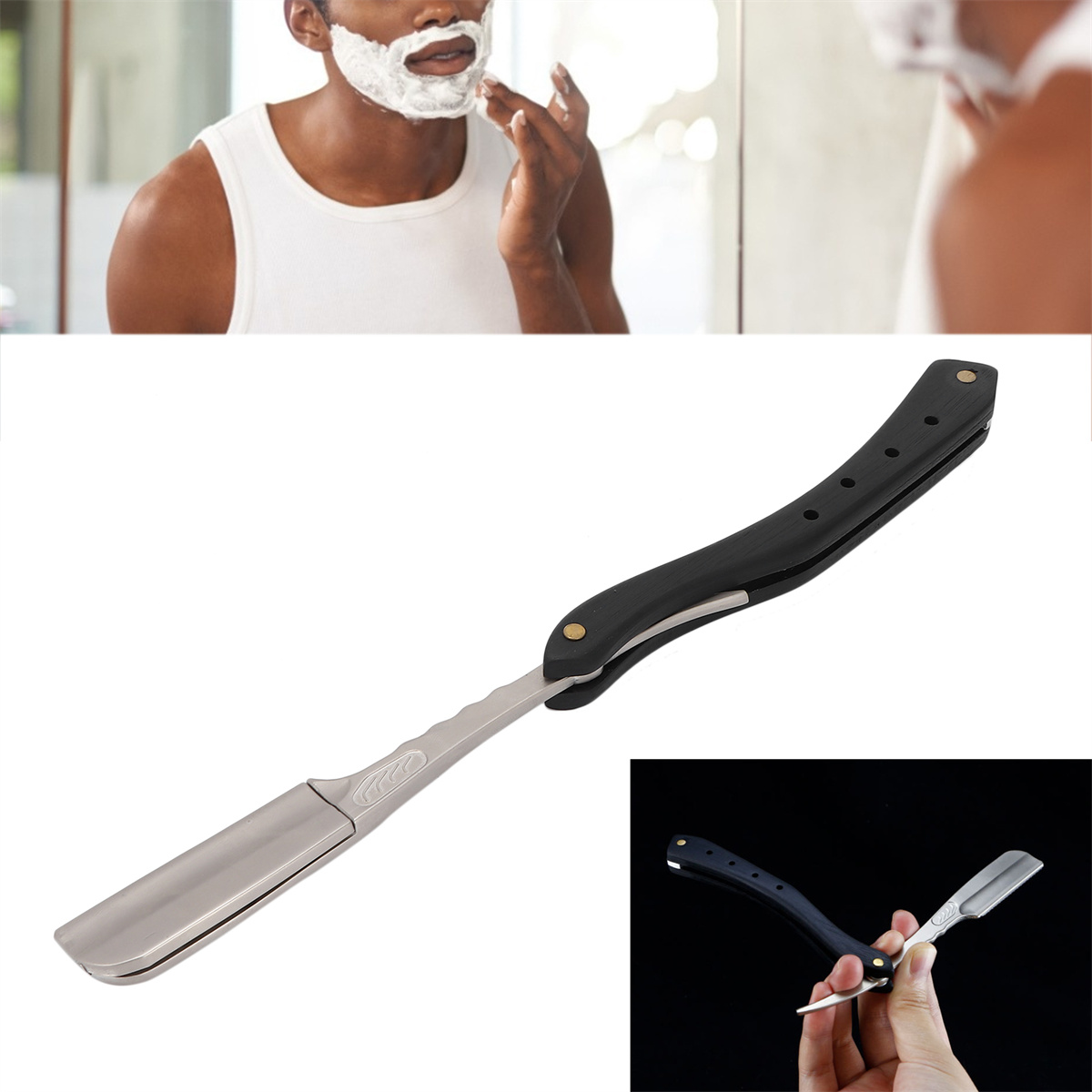 Ein Mann rasiert sich mit Creme und einem Rasiermesser. Eine Nahaufnahme des Messers ist auch zu sehen.
