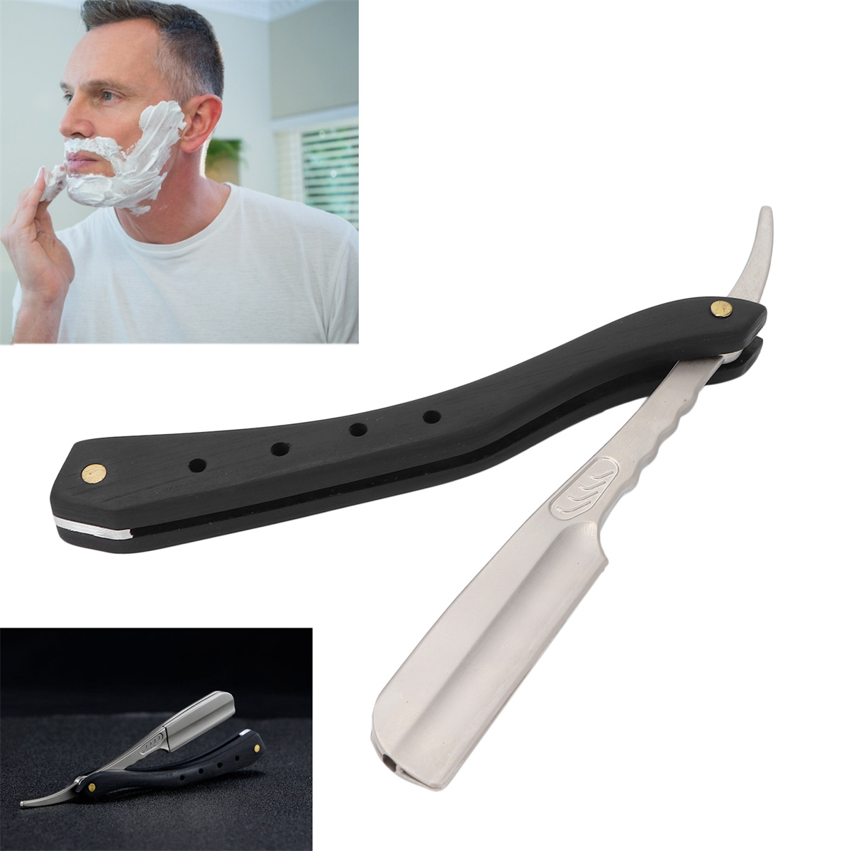 Ein Mann rasiert sich mit einem Rasiermesser und zwei anderen Rasierern.