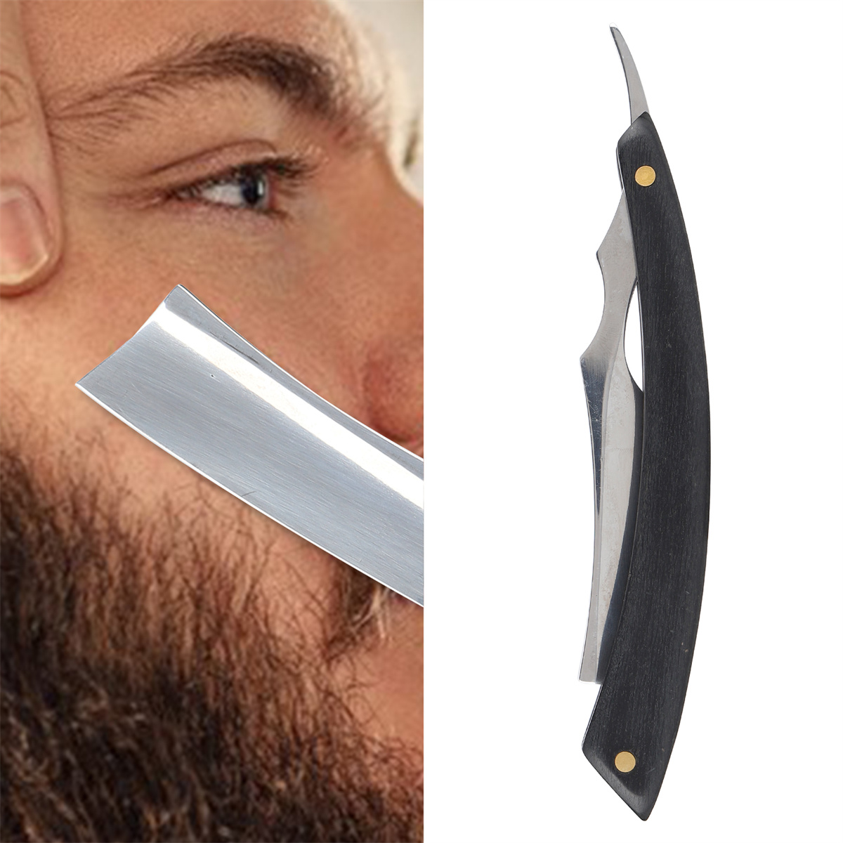 Ein Mann rasiert sich mit einem Rasiermesser, Nahaufnahme des Messers. Das Gesicht des Mannes ist sichtbar.
