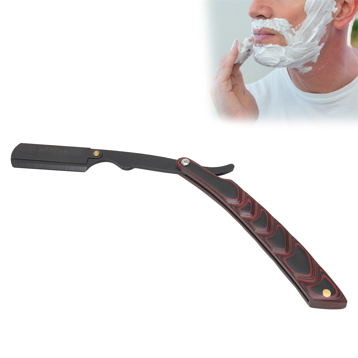 Schwarzes und rotes Rasiermesser mit einem Mann, der sich im Hintergrund rasiert.