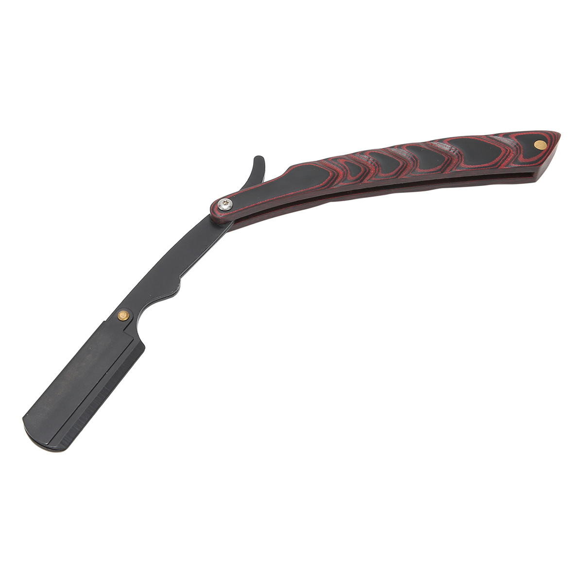 Schwarzes und rotes Rasiermesser auf weißem Hintergrund. Der Griff ist rot mit schwarzen Details, und die Klinge ist offen.