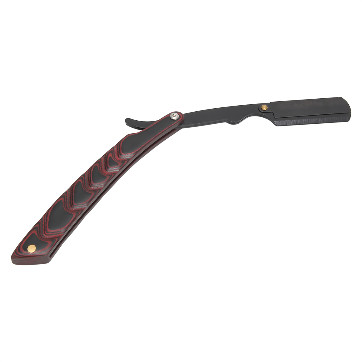 Rasiermesser mit schwarzer Klinge und Holzgriff mit roten Details.