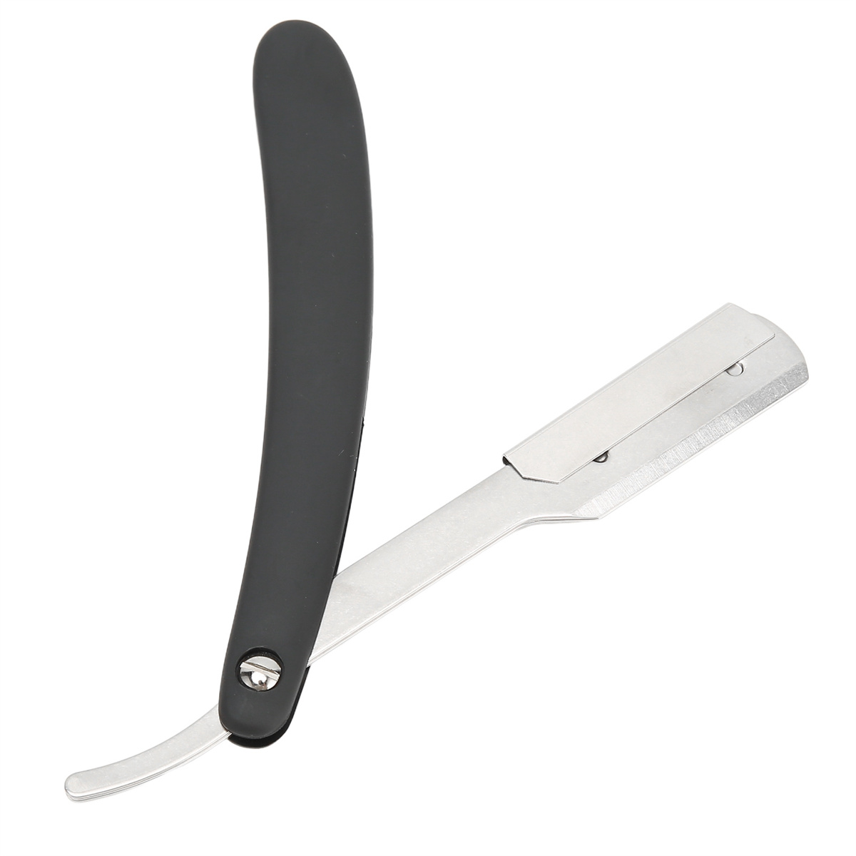 Ein Rasiermesser mit schwarzem Griff und silberner Klinge, geöffnet, vor weißem Hintergrund.