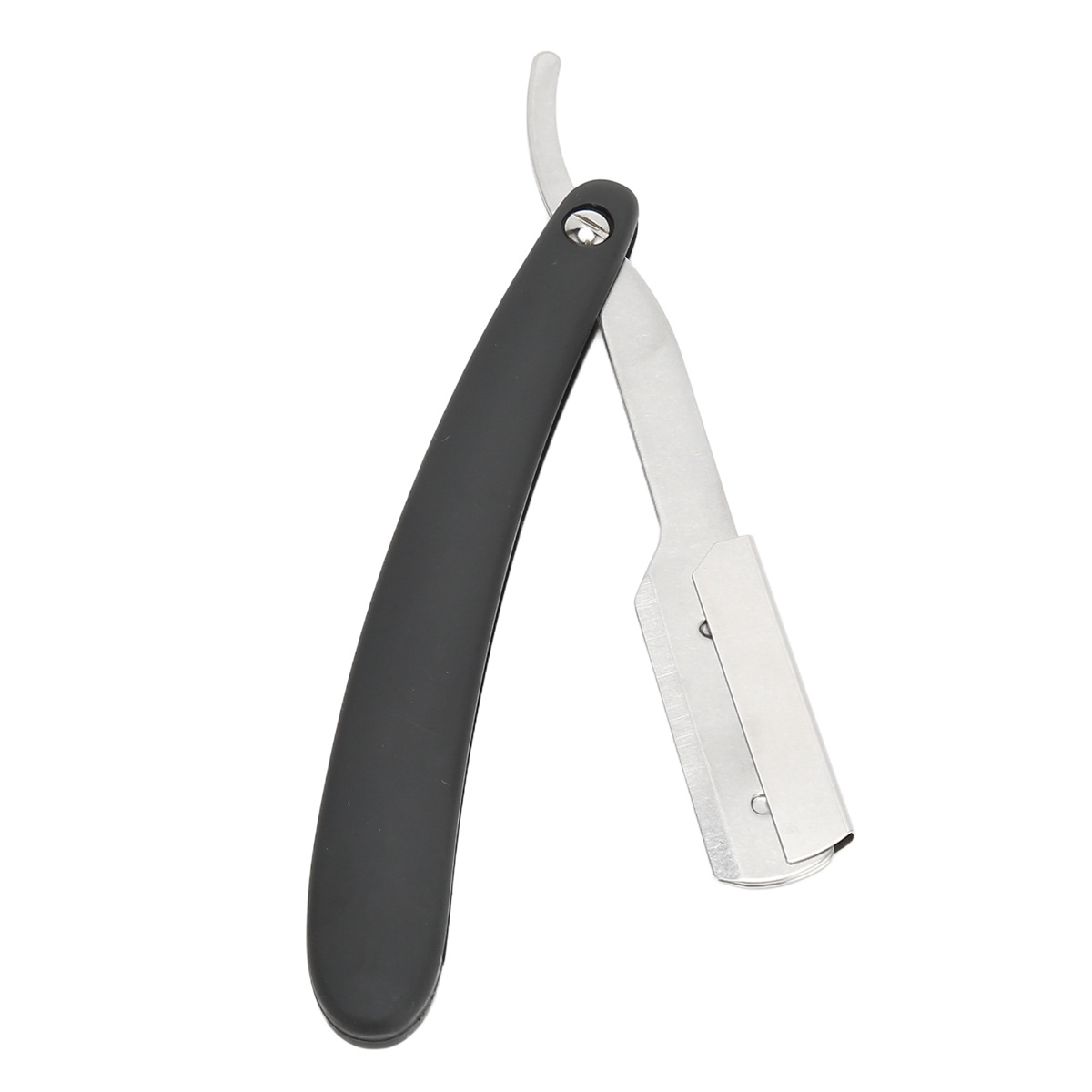 Schwarzes und silbernes Rasiermesser, geöffnet mit freiliegender Klinge. Griff schwarz, Klinge silber.