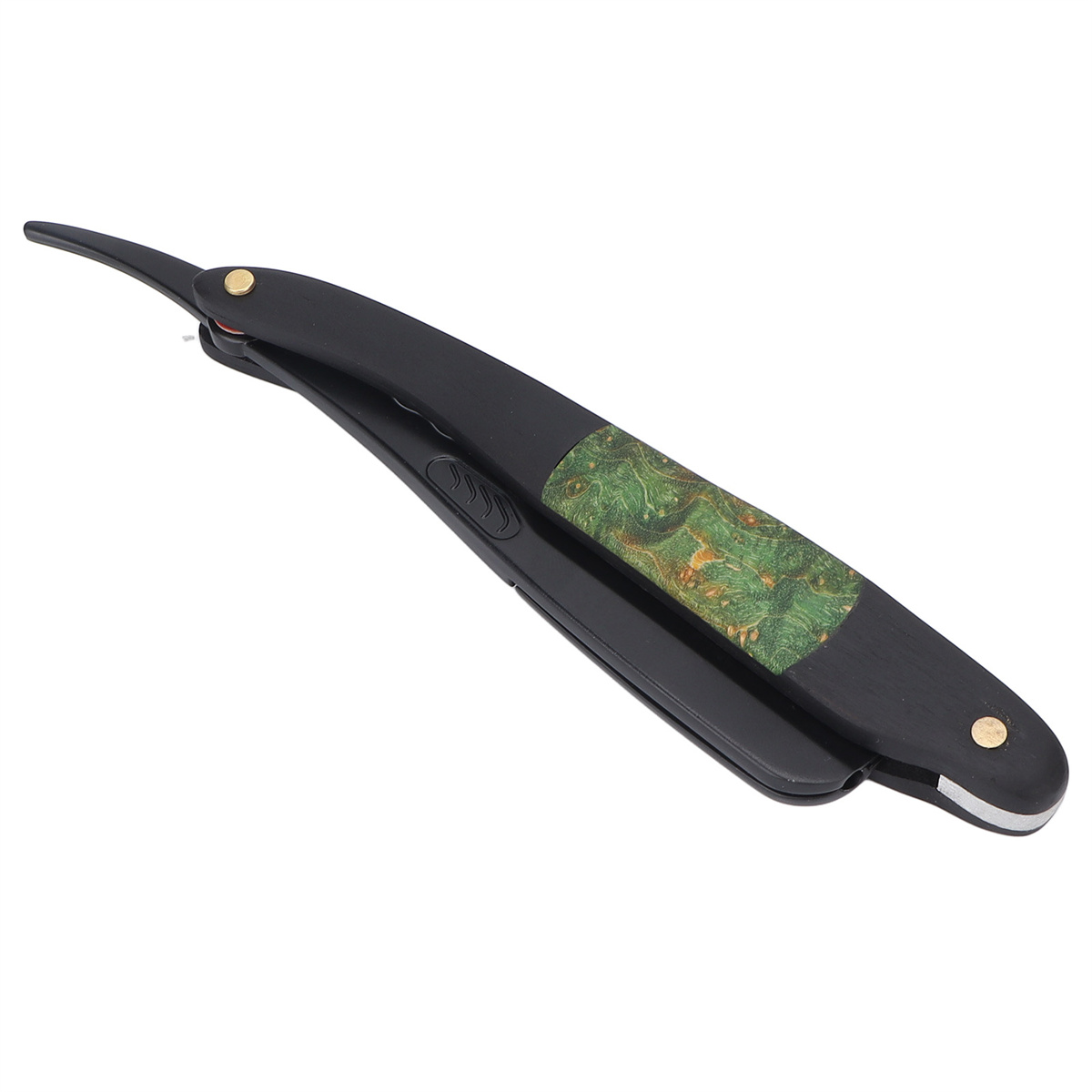 Schwarzer Rasiermesser mit grün-gelbem Griff. Die Klinge ist geschlossen.