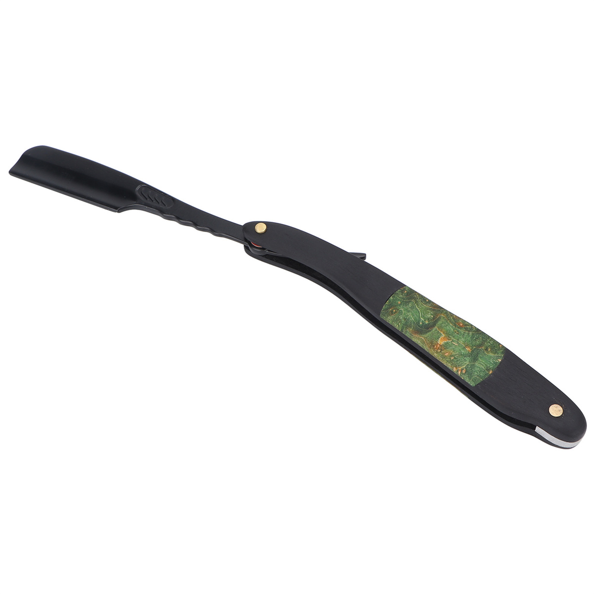 Ein schwarzes Rasiermesser, geöffnet und einsatzbereit, mit einem grün gemusterten Griff.
