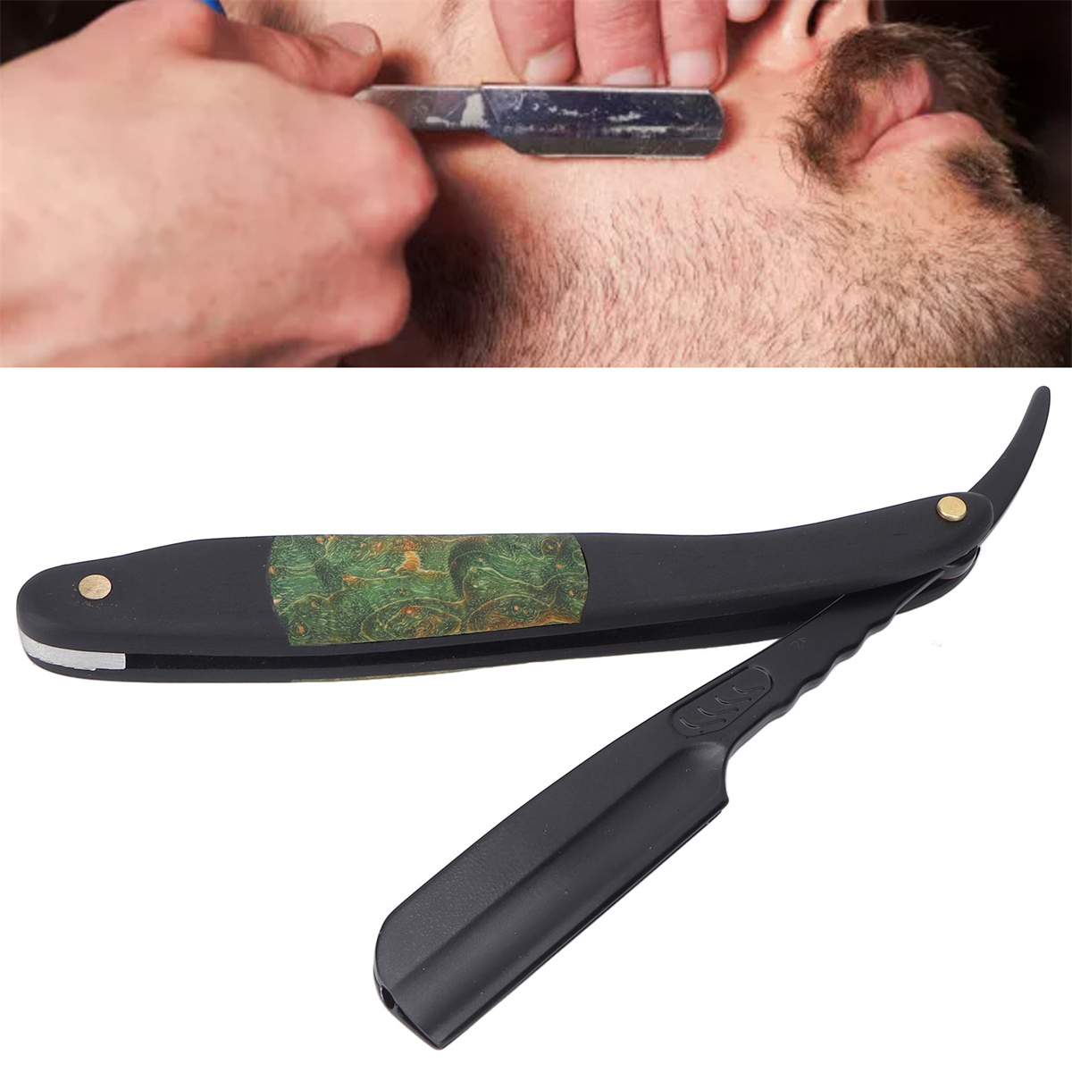 Ein Mann rasiert sich mit einem Rasiermesser. Schwarzer Rasierer und Holzgriff.