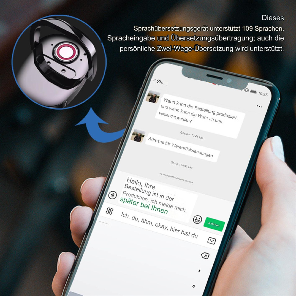 Smartphone mit Chat-Oberfläche. Ein Übersetzer wird angezeigt. Das Telefon wird von einer Person gehalten.