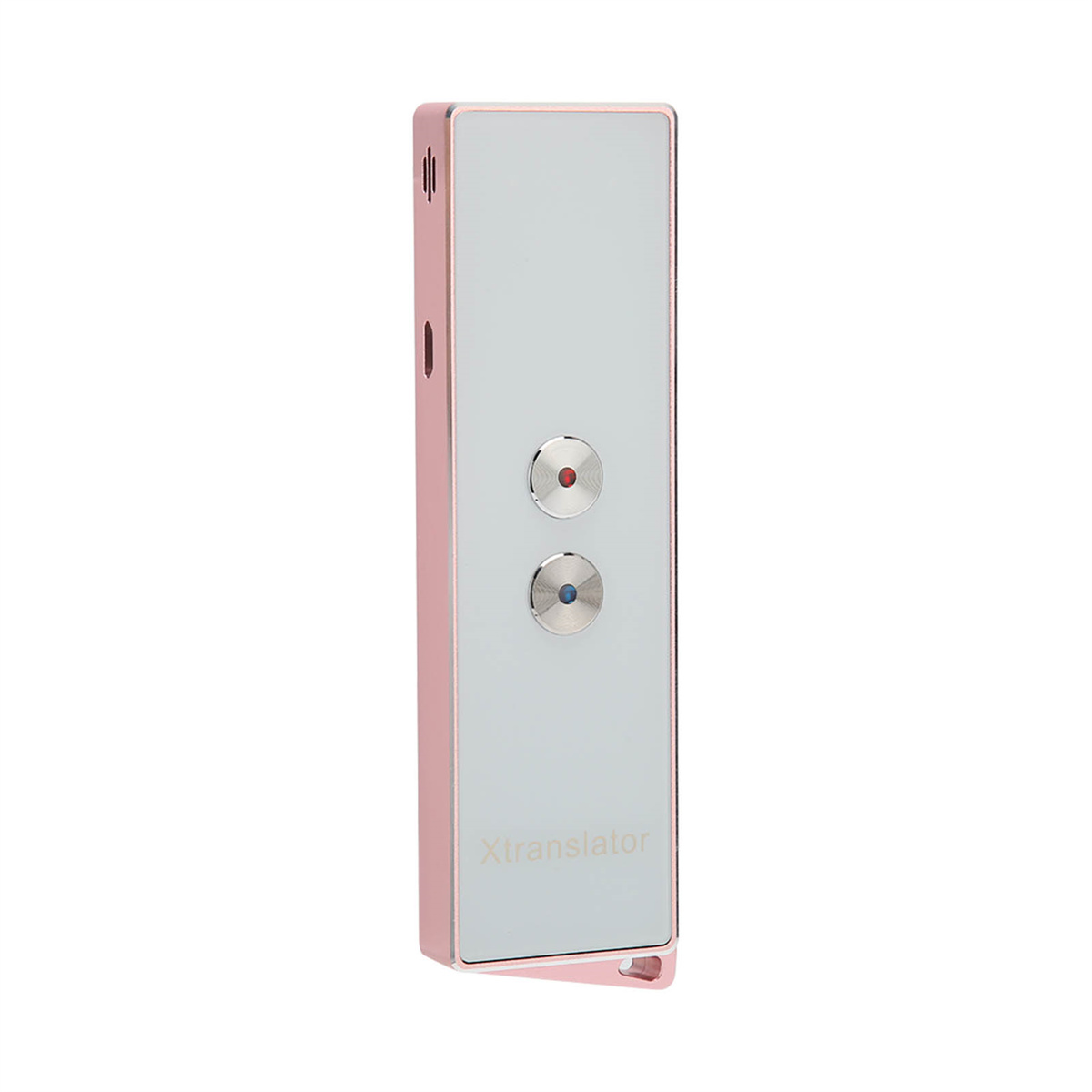 Rosa und graues Xtranslator-Gerät mit zwei Knöpfen, schlankes Design.