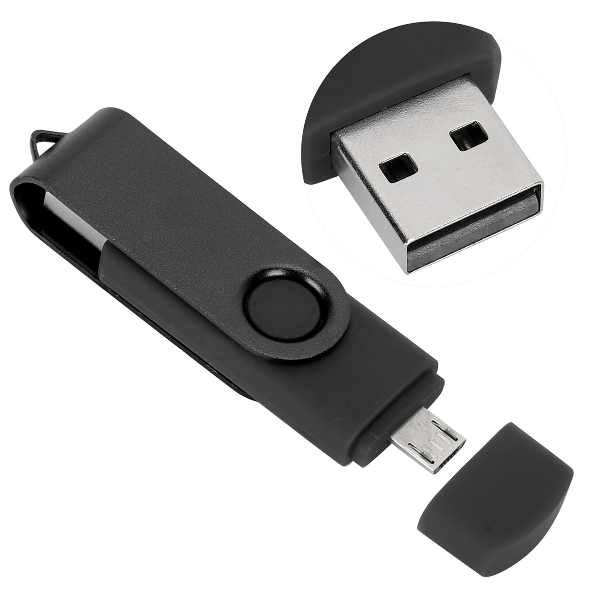 Schwarzer USB-Stick mit schwarzer Kappe, Nahaufnahme des USB-Anschlusses.