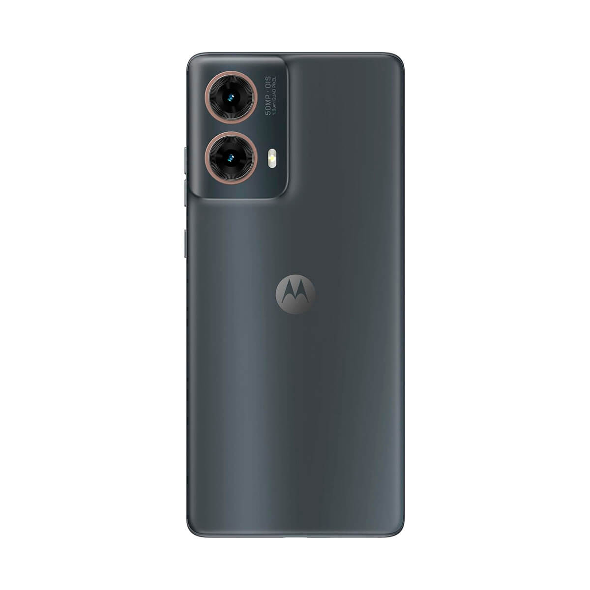 Czarny telefon Motorola, podwójny aparat, szary tył, logo.