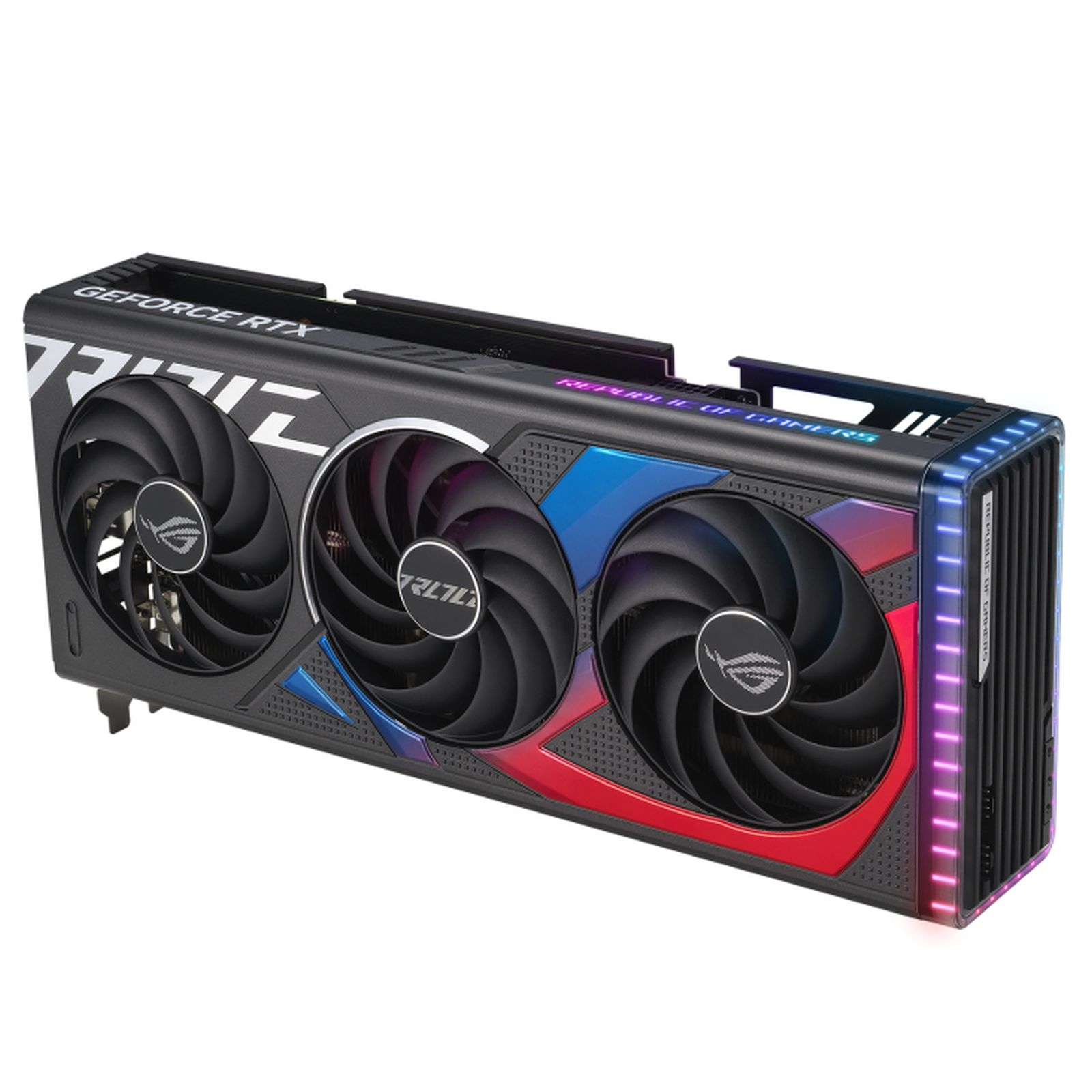 Scheda grafica nera con tre ventole. Logo ROG sul lato, luci colorate.