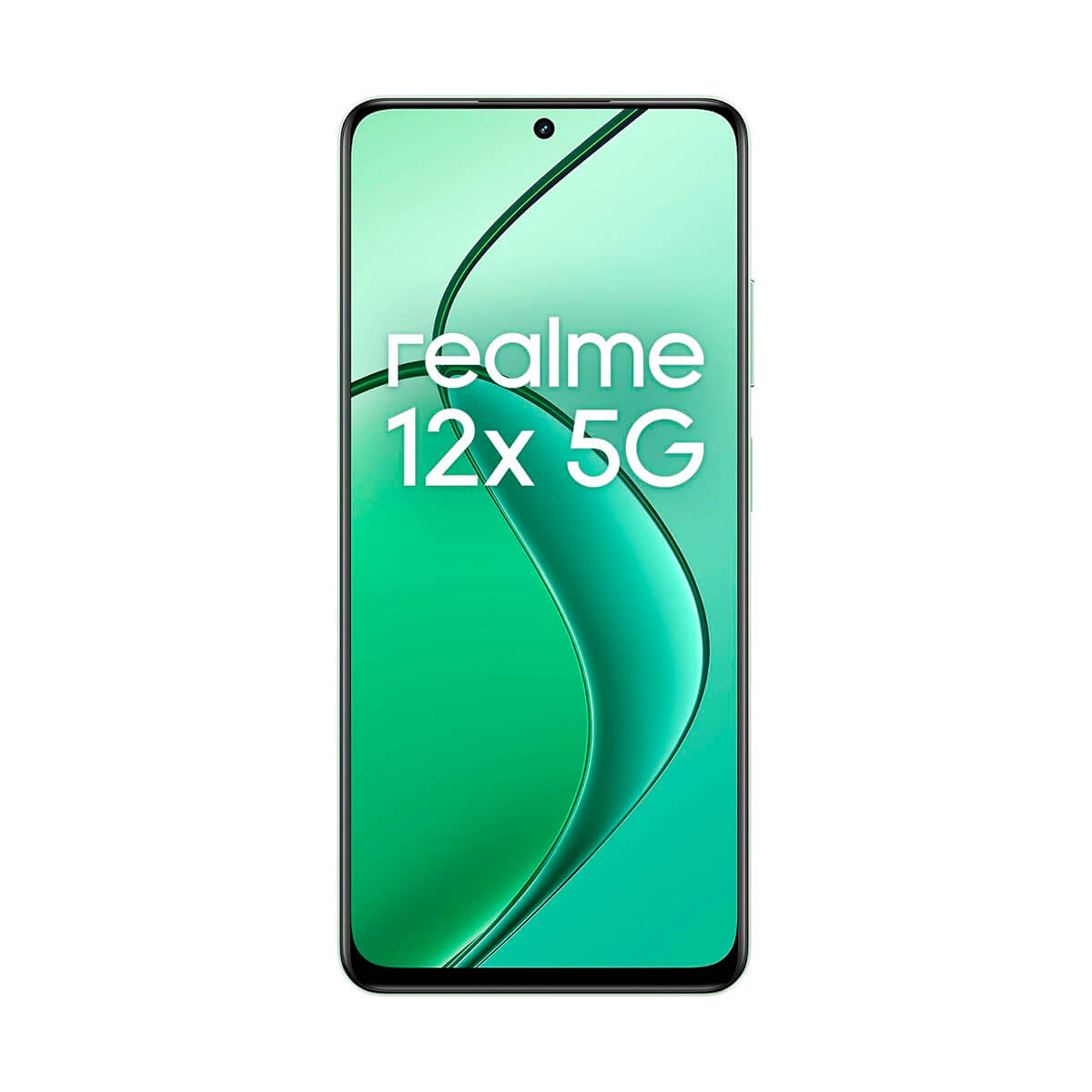 Telefon Realme 12x 5G z zielonym ekranem, pokazujący nazwę telefonu.