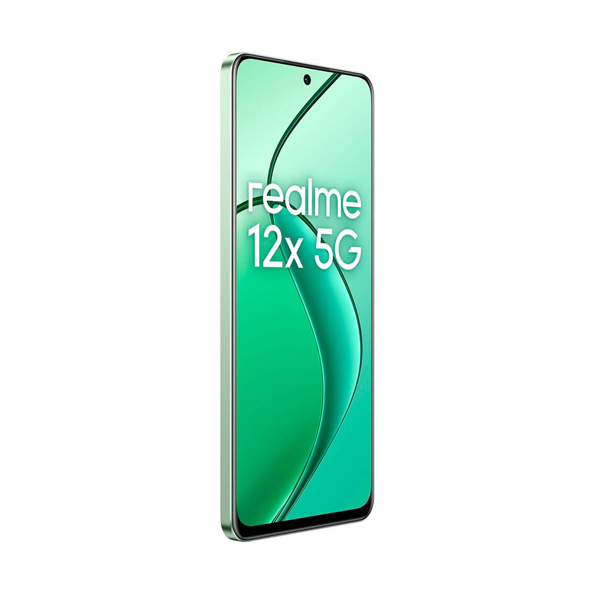 Zielony telefon Realme 12x 5G stoi w pozycji pionowej. Zielony ekran z tekstem. Ramka też jest zielona.