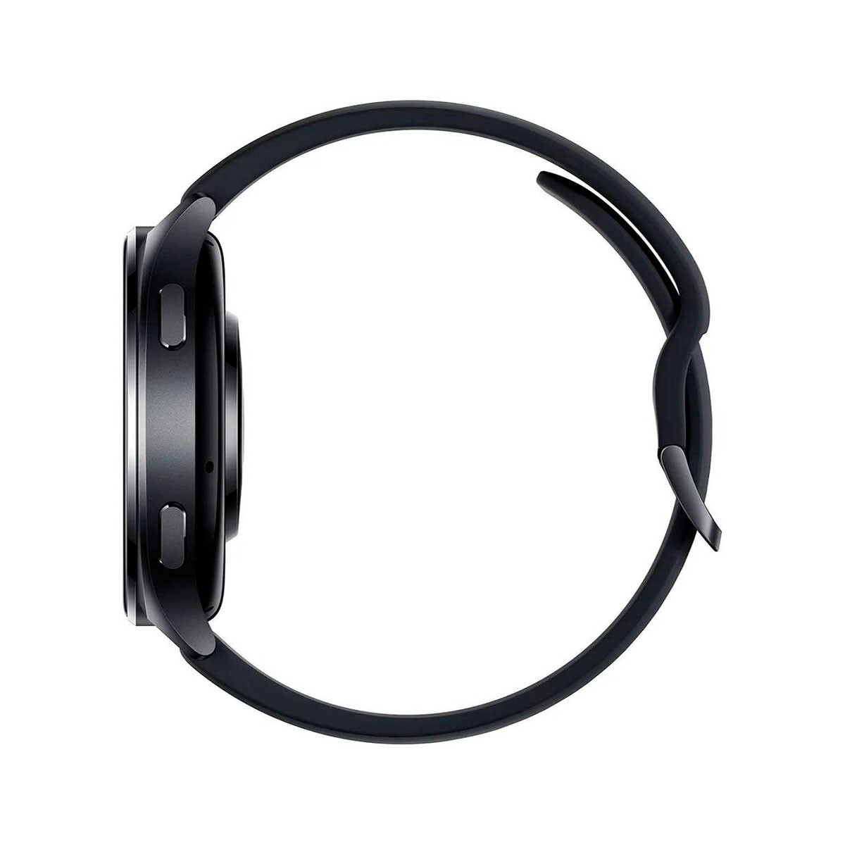 Czarny smartwatch na białym tle. Widok z boku. Czarny pasek. Dwa przyciski. Białe tło.