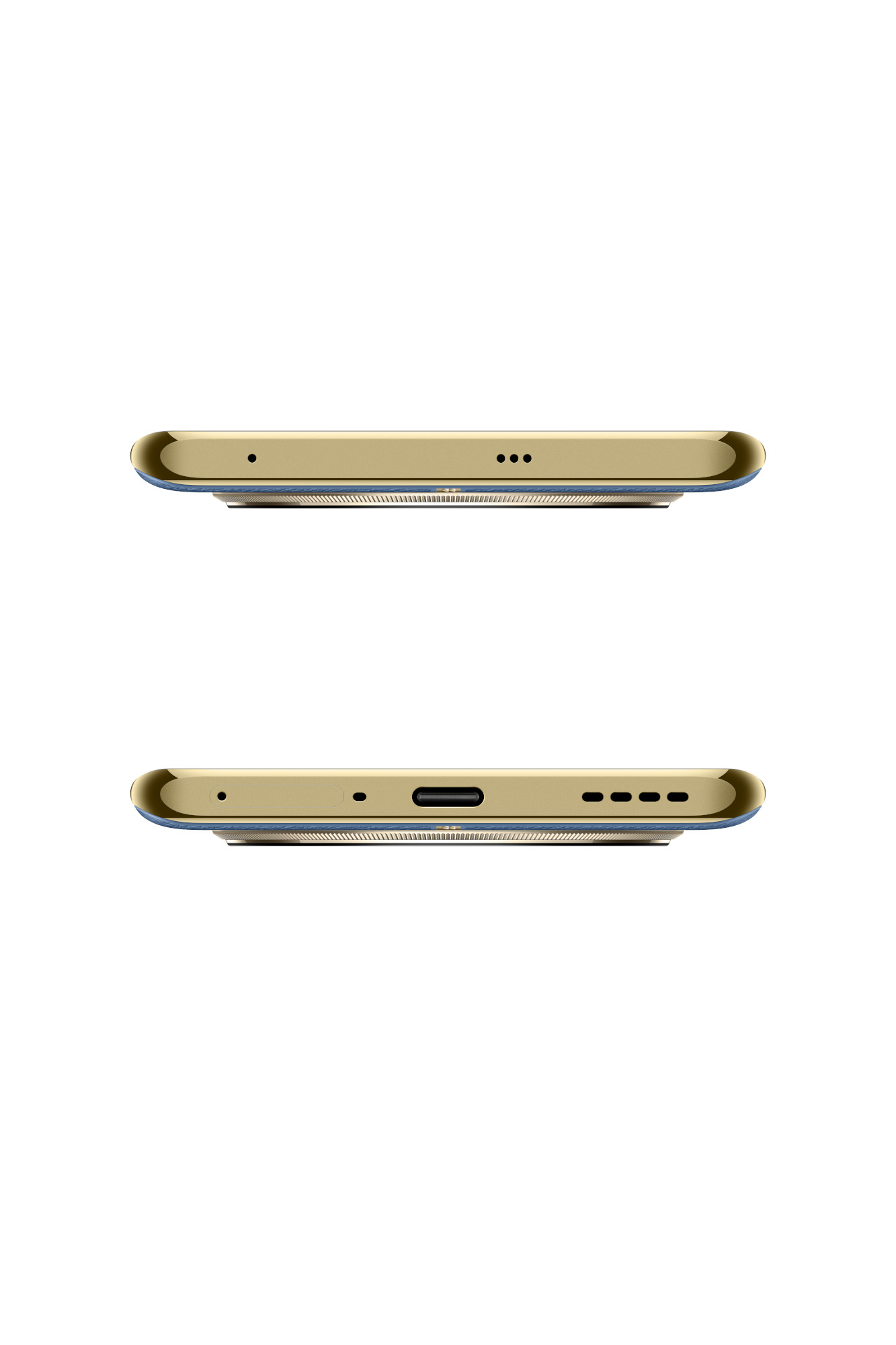 Zwei goldfarbene Telefonabschnitte, zeigen Ober- und Unteransicht, mit Anschlüssen und Lautsprecherlöchern.