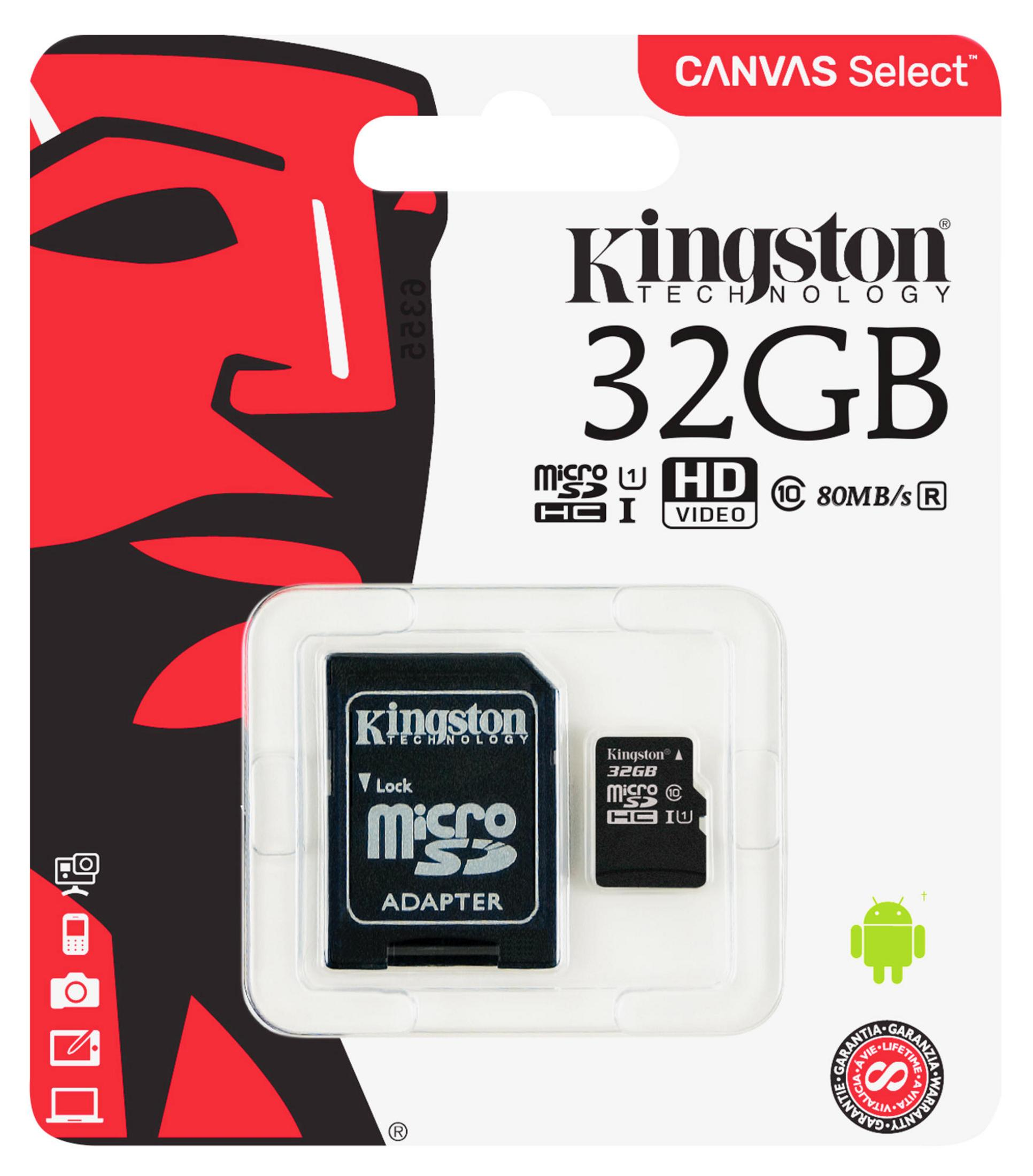 Scheda Micro SD Kingston da 32 GB in una custodia di plastica trasparente con adattatore nero.
