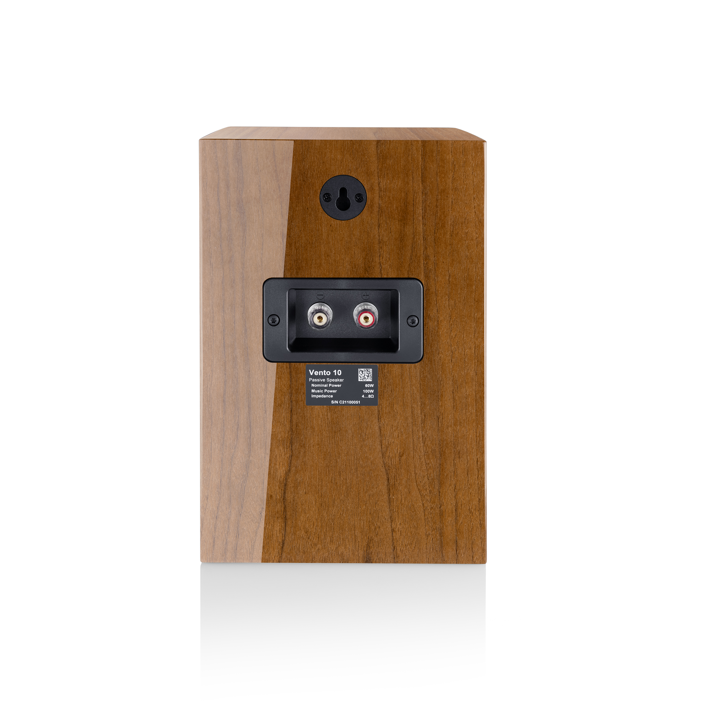 Houten speaker achterkant, met twee aansluitpoorten en een zwart montagegat.