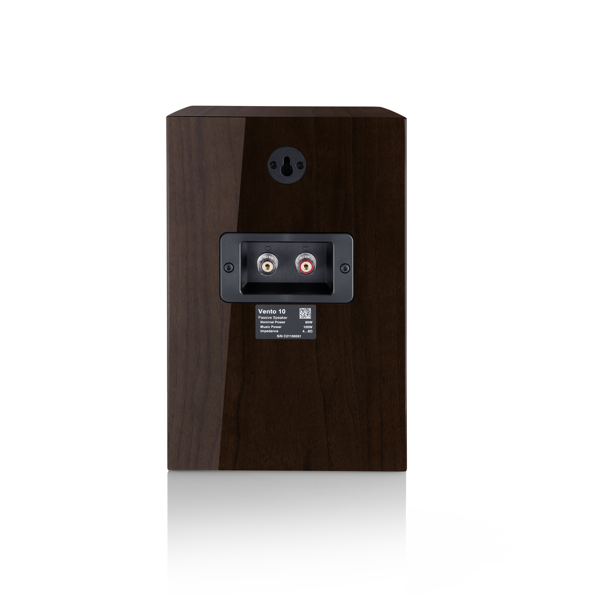 Houten speaker achterkant, met twee aansluitpoorten en een zwart montagegat.