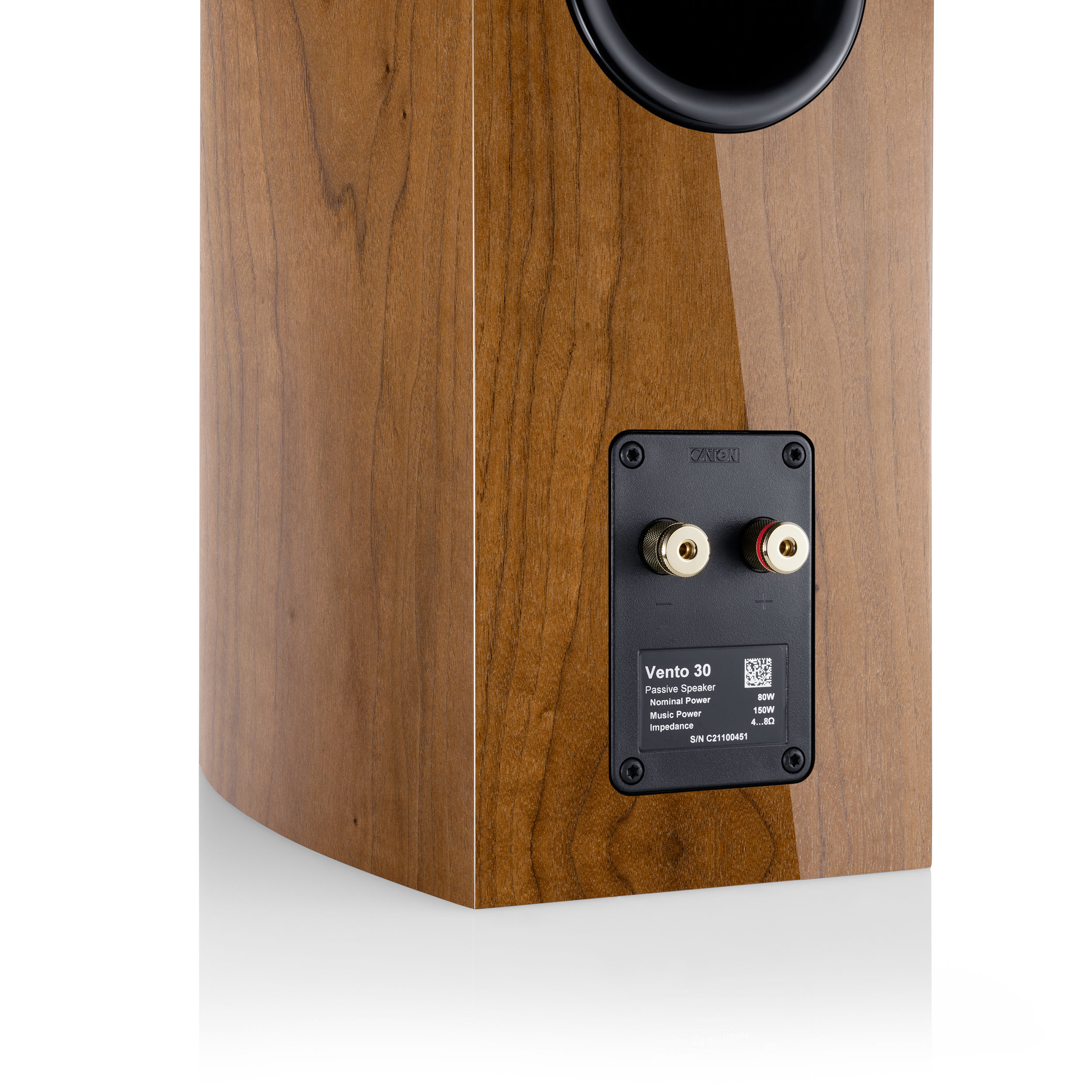 Achterkant luidspreker met zwart paneel, gouden connectoren en productinfo-label. Houten afwerking.