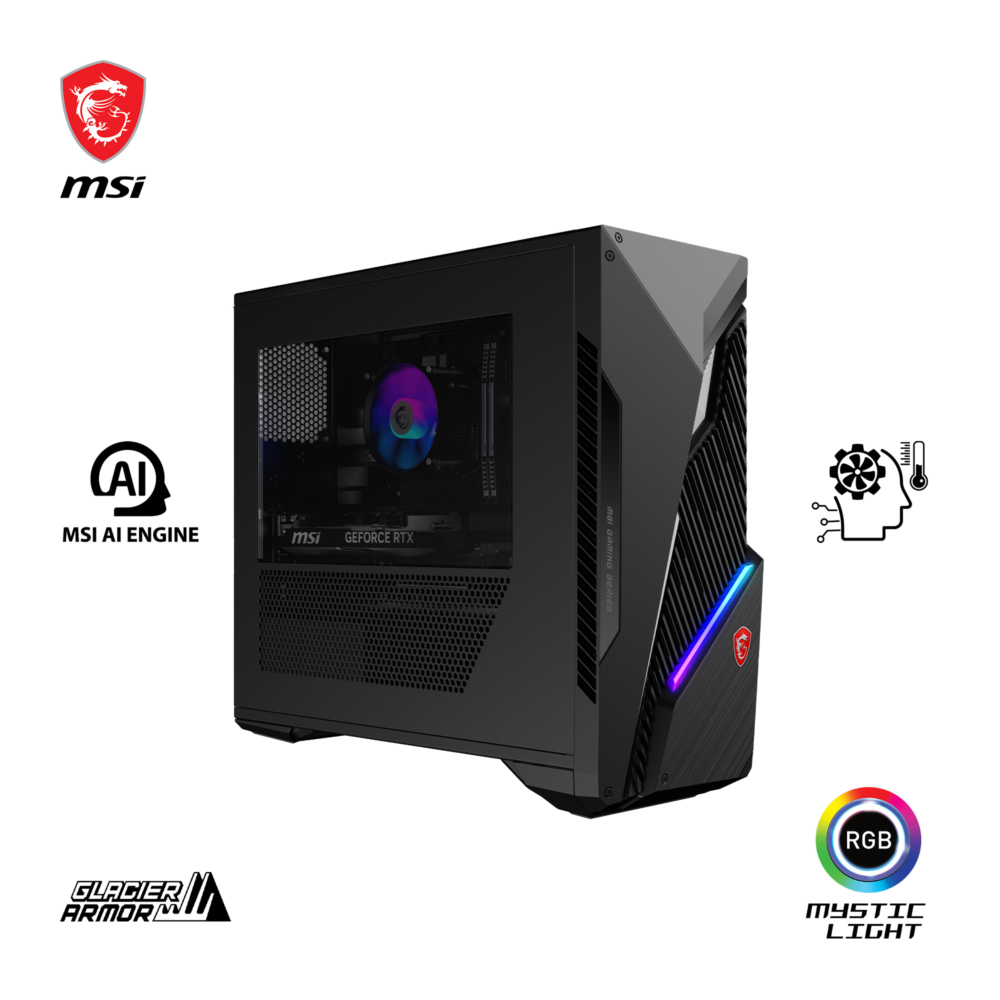 Czarna obudowa PC z oświetleniem RGB, logo MSI i ikonami technologicznymi.