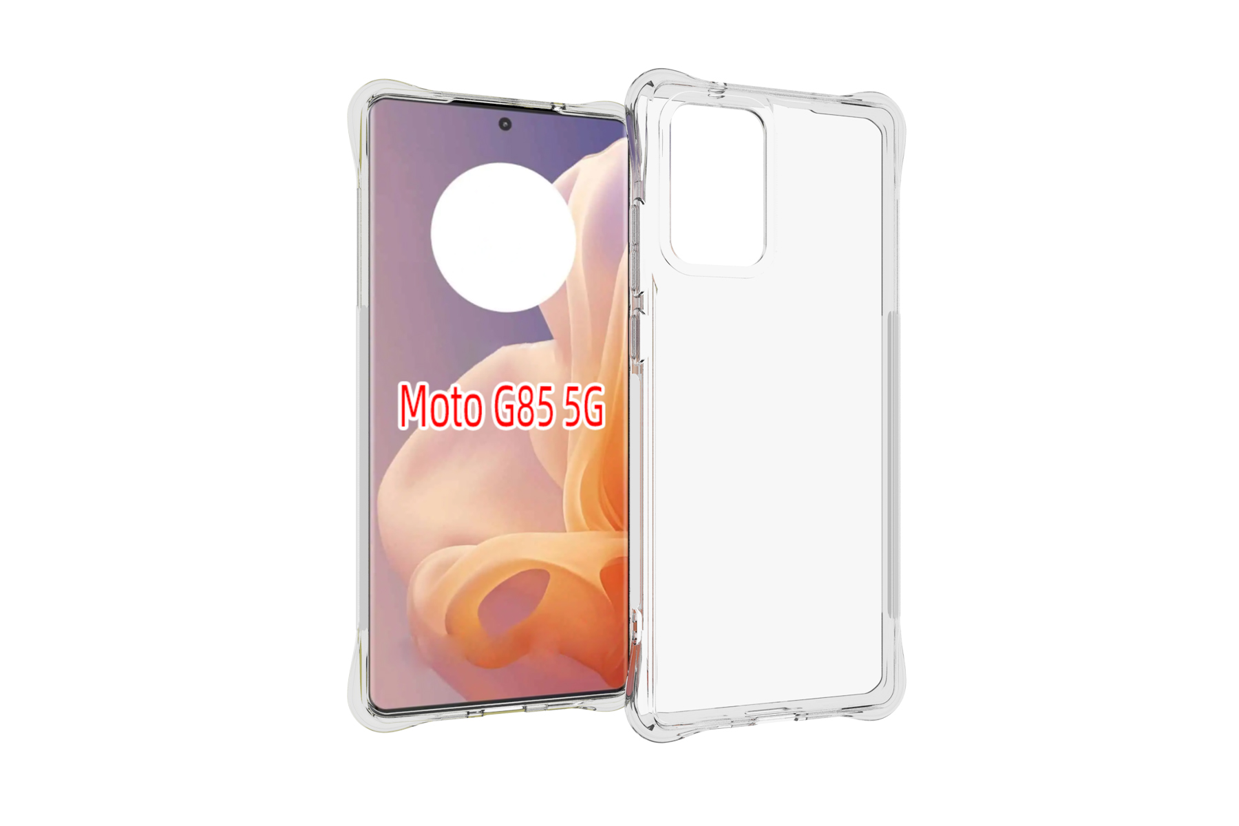 Ein Smartphone in einer transparenten Hülle. Der Bildschirm zeigt die Worte 'Moto G85 5G'.