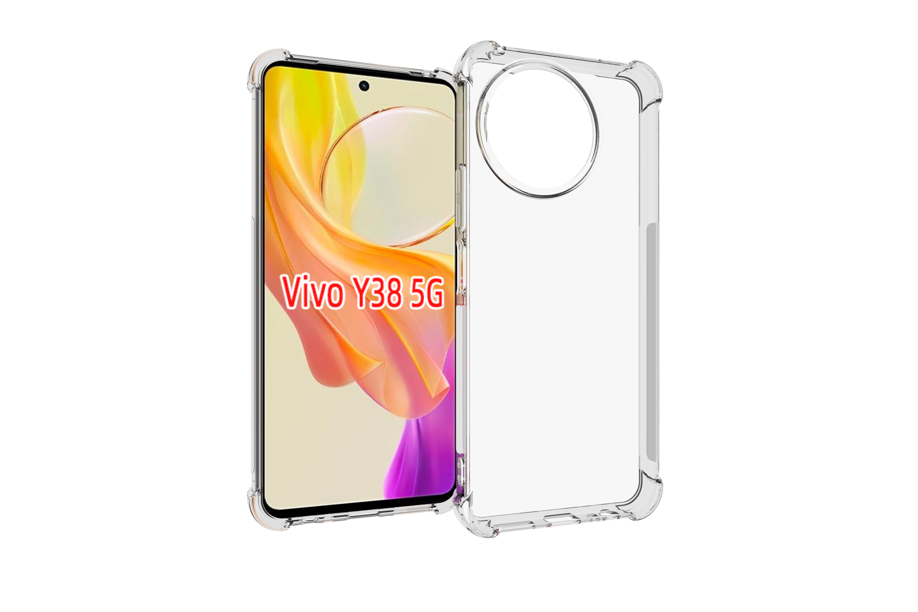 Eine transparente Handyhülle mit einem Telefon darin, das den Text 'Vivo Y38 5G' auf dem Bildschirm zeigt.
