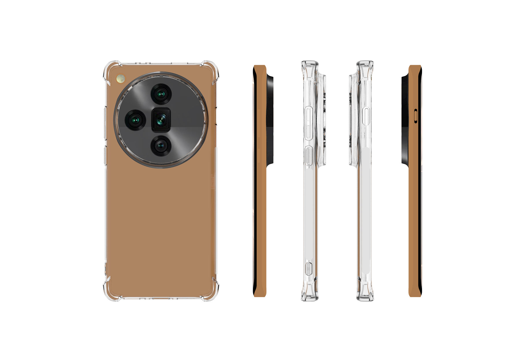 Smartphone in einer braunen Hülle, mit Kameraerhöhung. Verschiedene Winkel auf weißem Hintergrund.