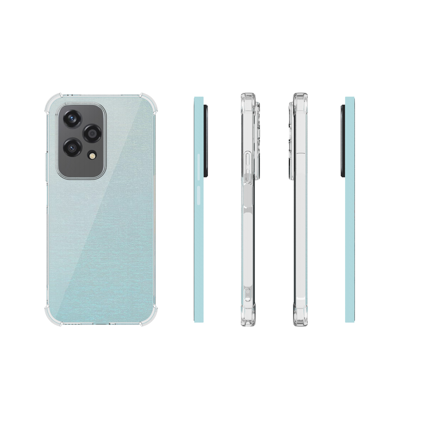 Vier Ansichten einer Smartphone-Hülle mit hellblauem Rücken.