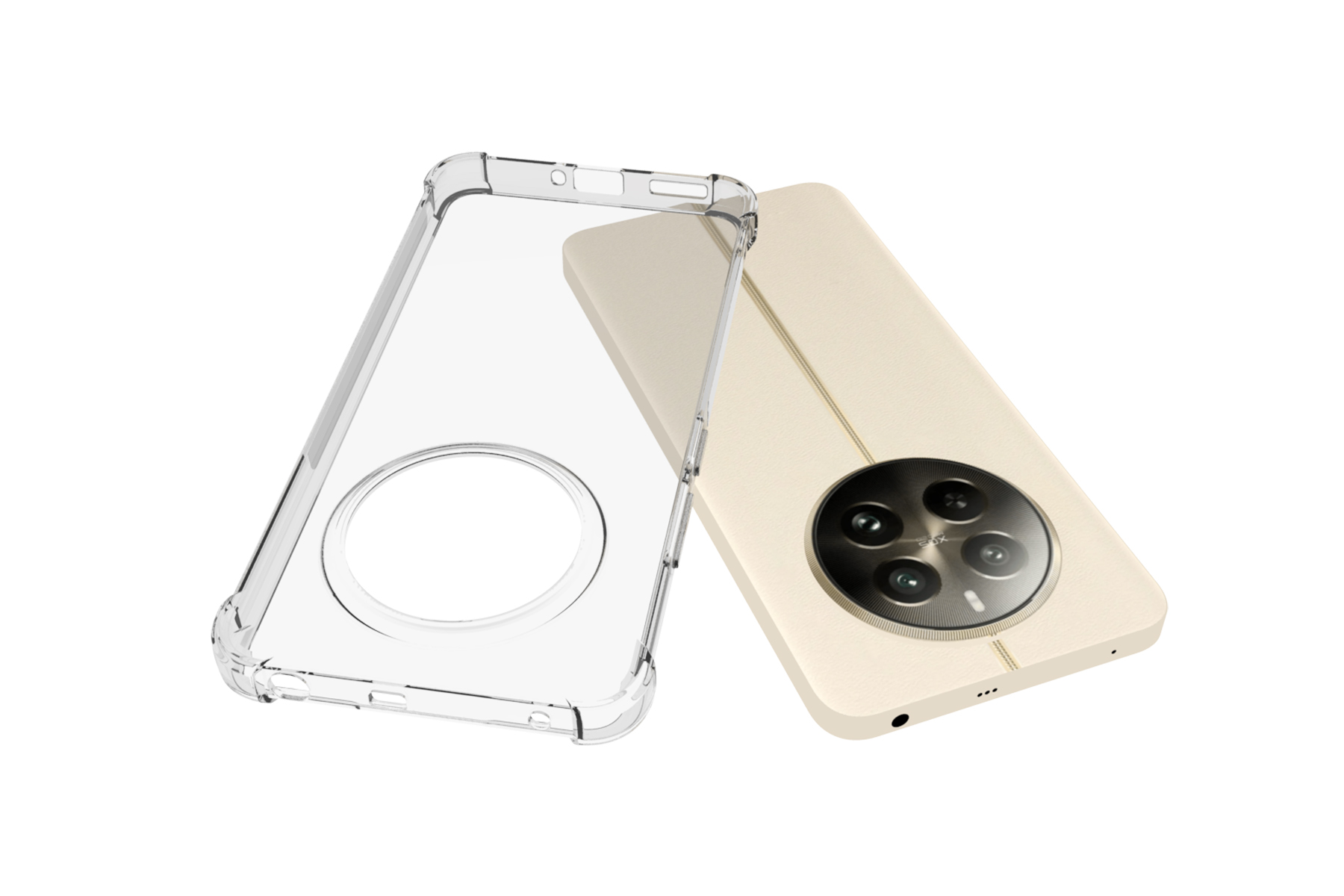 Eine transparente Handyhülle und ein goldenes Handy auf weißem Hintergrund. Das Handy hat Kameras.