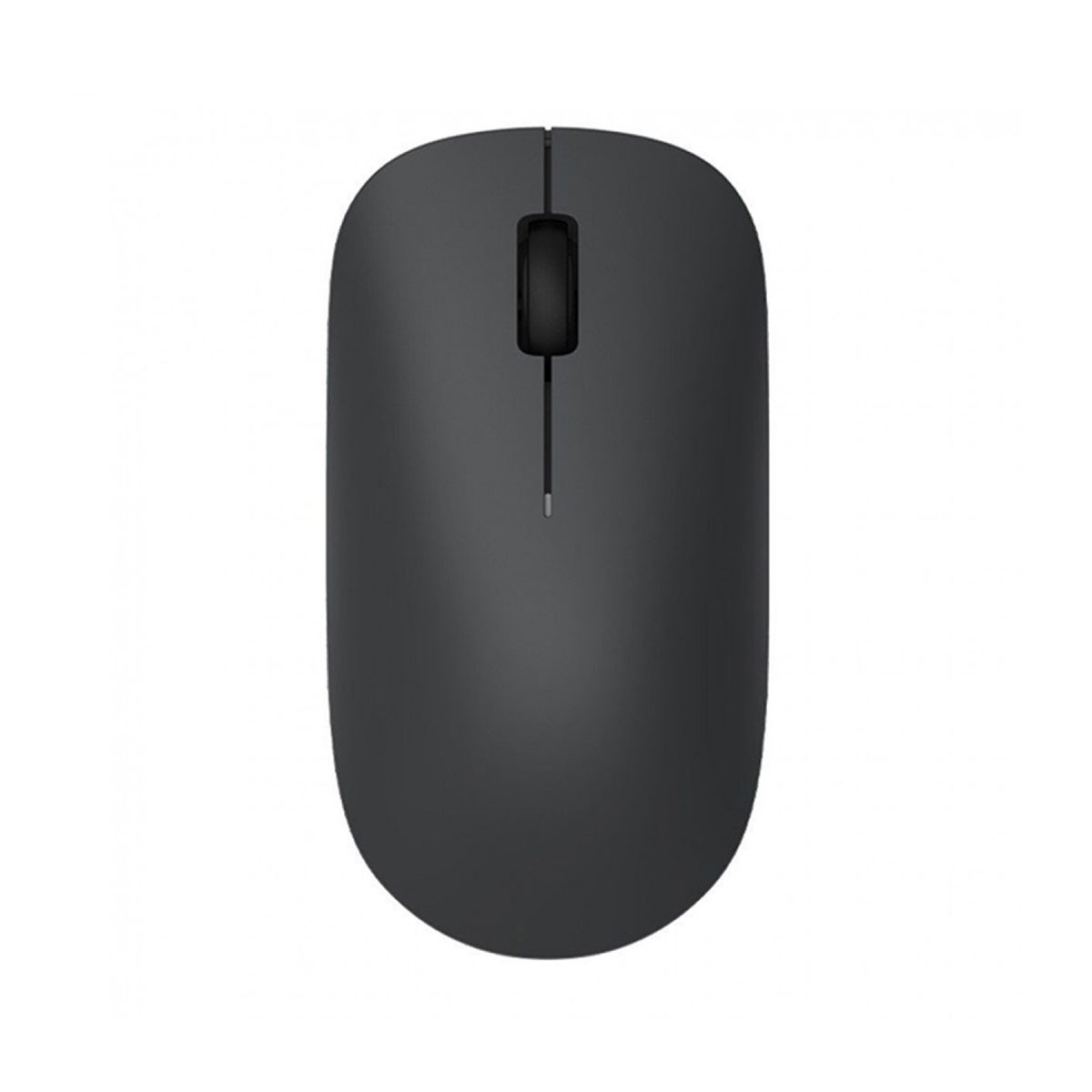 Souris d'ordinateur sans fil gris foncé, vue de dessus. Design simple, deux boutons, molette.